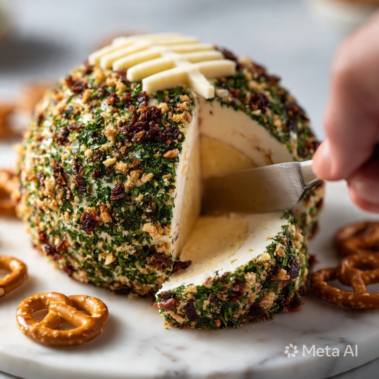 square imag  The image shows a layered round cheese ball sitting on a white marbled surface, coated in a mix of green chopped herbs, small dark brown bacon pieces, and crunchy light brown crumbs. The cheese ball has a creamy white and pale yellow inner layer visible where a slice is being taken. On top of the ball, there are several neat strips of white cheese arranged like football laces. Around the cheese ball, there are several golden brown pretzels scattered. A woman’s hand is shown slicing into the cheese ball with a silver knife. The photo looks bright and clear, taken closely to highlight the texture and colors photo taken with an iphone --ar 4:5 --v 7