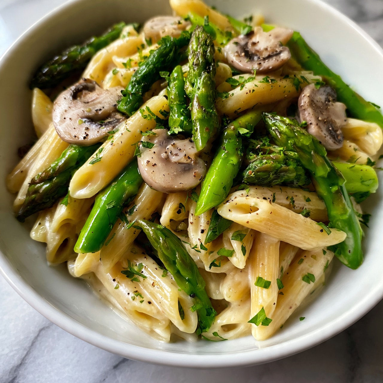 square image The image shows a close-up of a white bowl filled with three layers of food. The bottom layer consists of creamy, light beige penne pasta. On top, there are bright green asparagus pieces and sliced light brown mushrooms mixed evenly throughout the pasta. The dish is sprinkled with small bits of chopped fresh green herbs and black pepper for added color and texture. The surface and background have a white marbled texture. photo taken with an iphone --ar 4:5 --v 7