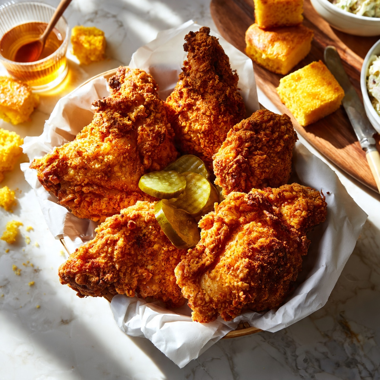 square image A basket lined with white parchment paper holds six pieces of golden brown baked crispy fried chicken with a coarse, crunchy texture. In the middle of the basket, there are several round pickle slices with a green color and a slightly translucent look. Around the basket, on a white marbled surface, pieces of yellow cornbread are scattered along with a small glass of amber-colored drink with a wooden spoon resting inside. Nearby, a wooden board holds more square cornbread pieces, a white bowl with a creamy salad, and a butter knife. The scene is bright with natural light and soft shadows, photo taken with an iphone --ar 4:5 --v 7