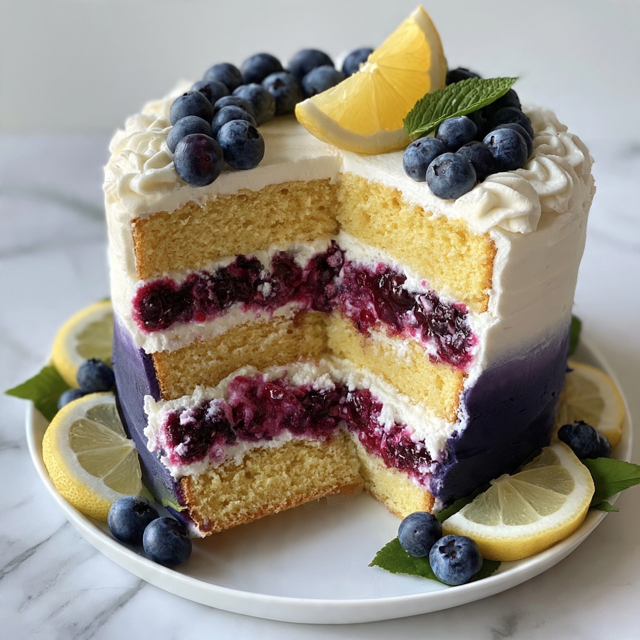 square image This is a tall, three-layer yellow cake with white frosting on the outside. Each layer of cake is separated by a thick filling that includes a purple-blue berry jam and white cream. The bottom half of the cake's outside frosting is dark purple, blending into the white frosting on the top half. On top, a ring of blueberries surrounds a lemon wedge and a small green leaf. The cake sits on a white plate with matching lemon slices, blueberries, and green leaves around it, all against a white marbled surface. A slice of the cake is missing, showing the inner layers clearly. photo taken with an iphone --ar 4:5 --v 7