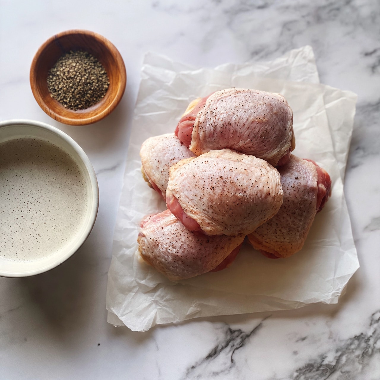 square image The image shows five pieces of raw chicken thighs stacked together on a white parchment paper. To the left, there is a white bowl filled with a light foamy liquid, and above it, a small wooden bowl containing crushed black pepper. The items are all placed on a white marbled surface. photo taken with an iphone --ar 4:5 --v 7