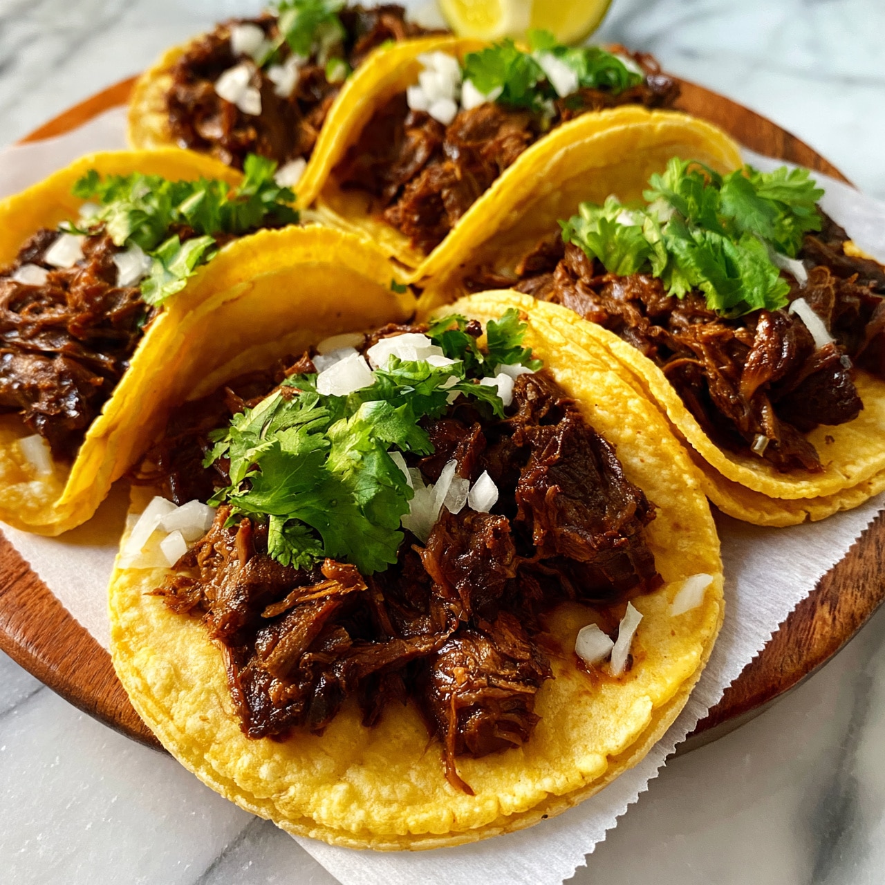 square image Five small corn tortillas, each filled with dark brown cooked beef pieces that look soft and juicy, are arranged closely on a wooden plate with white parchment paper underneath. Each taco has small white onion pieces and bright green cilantro leaves scattered on top, adding color contrast. In the top background, there is a lime wedge partly visible. The whole scene is set on a white marbled surface. photo taken with an iphone --ar 4:5 --v 7