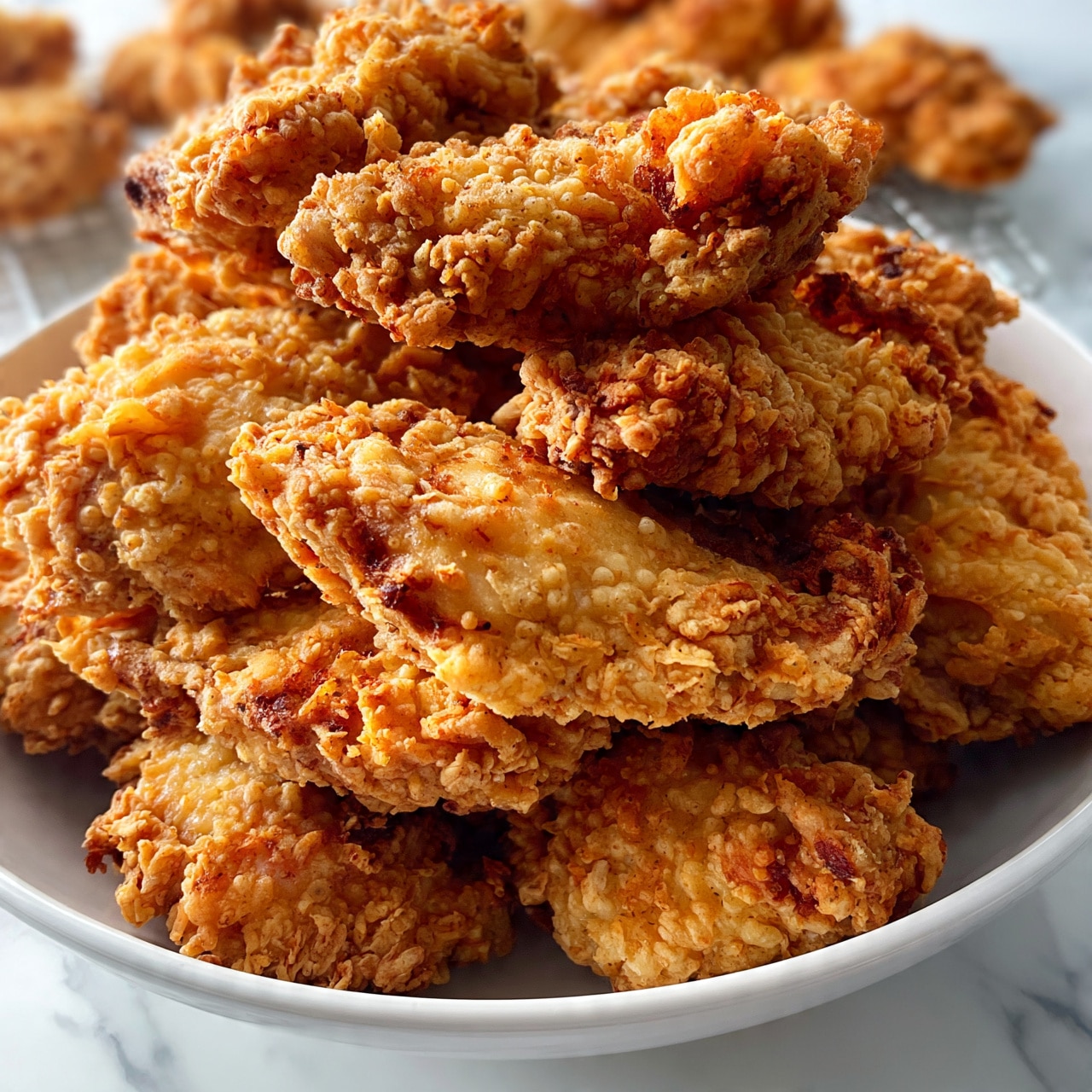 square image A large pile of crispy fried chicken pieces fills a white bowl, each piece coated with a golden-brown, crunchy texture that shows small bubbly craters and slight darker spots indicating a well-fried crust. The chicken pieces vary in shape and size, stacked unevenly with some pieces leaning against others, creating a sense of volume and heartiness. The bowl sits on a white marbled surface, and in the background, more fried chicken pieces can be seen slightly blurred on a cooling rack, adding depth to the scene. photo taken with an iphone --ar 4:5 --v 7