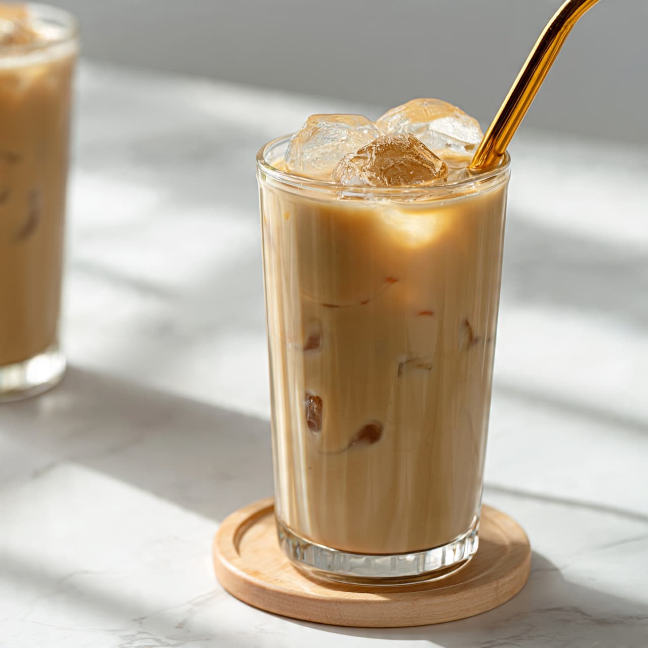 square image A tall clear glass filled with light brown iced coffee that shows melting ice cubes inside, topped with three larger ice cubes, and a shiny gold metal straw angled at the top right side. The glass is placed on a round light wooden coaster, and the scene is set on a white marbled surface with soft natural light. Another glass with iced coffee is blurred in the background on the left side. Photo taken with an iphone --ar 4:5 --v 7