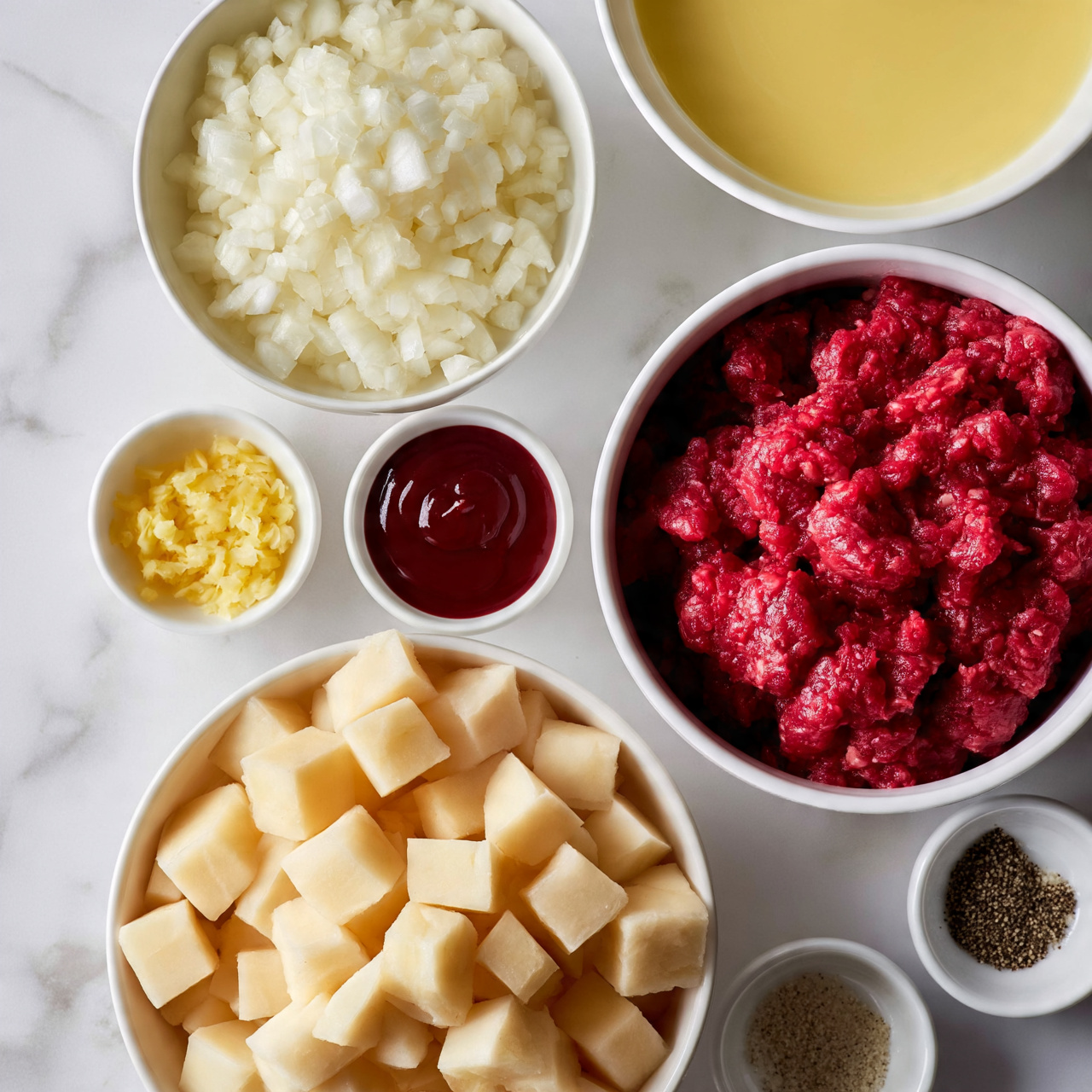 Several white bowls hold ingredients on a white marbled surface. The largest bowl at the bottom is filled with many small cubes of light beige potato. To the upper right is a medium white bowl filled with bright red raw ground beef, showing a soft, packed texture. Above it is a bowl full of small white chopped onions, with a fine, crunchy texture. To the right of the onions is a bowl holding a pale yellow, smooth liquid. Below the onions and to the left of the beef are two small bowls: one with a finely chopped yellow substance, and another with a thick dark red liquid. Two small white bowls with light and dark ground pepper sit at the bottom right. Photo taken with an iphone aspect ratio 1:1