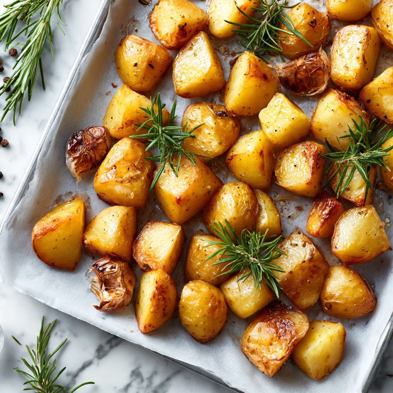 square image A baking tray lined with parchment paper holds golden roasted potato chunks, each piece showing crispy browned edges and a smooth, slightly shiny surface from oil. Mixed in are a few whole roasted garlic cloves with browned skins and sprigs of fresh green rosemary scattered on top, adding texture and color contrast. The tray rests on a white marbled surface with some rosemary sprigs and peppercorns nearby. The scene is bright and clear, emphasizing the warm, inviting tones of the roasted potatoes and herbs. photo taken with an iphone --ar 4:5 --v 7
