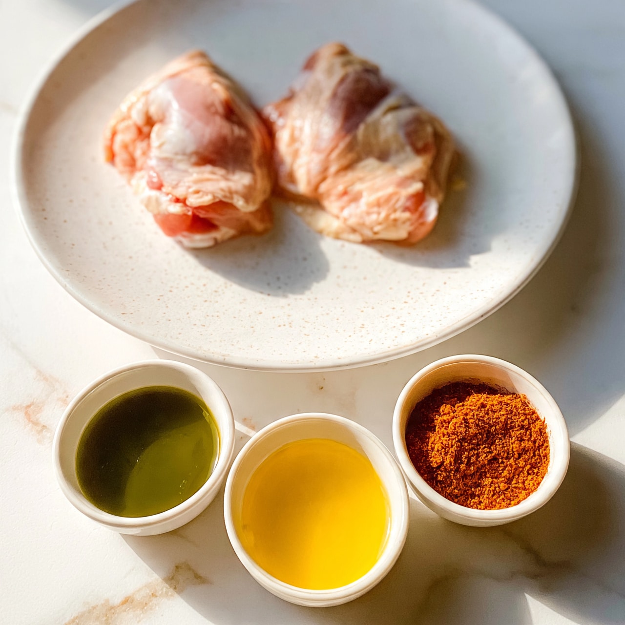 square imag The image shows two raw chicken pieces placed side by side on a large white plate with light speckles. Below the plate, there are three small white bowls arranged in a triangle on a white marbled surface. One bowl contains a green liquid, another holds a yellow liquid, and the third bowl is filled with a reddish-brown powder. The lighting is soft and natural, giving a fresh and clean look to the ingredients. Photo taken with an iphone --ar 4:5 --v 7