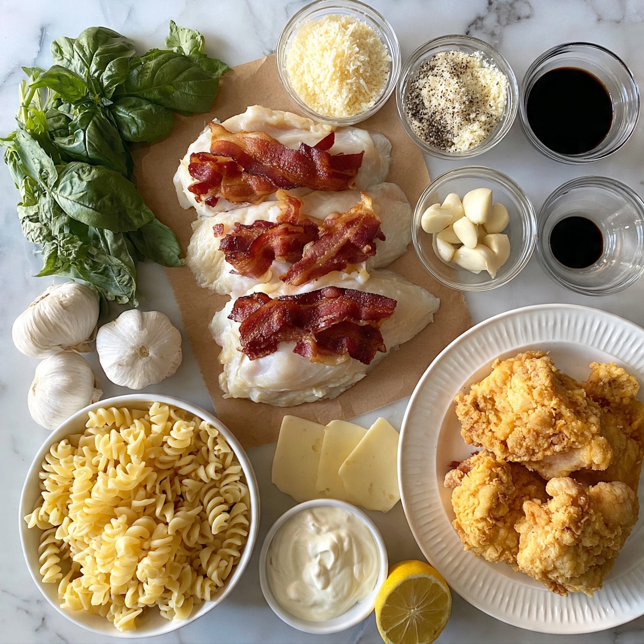square image The image shows ingredients laid out on a white marbled surface, including three raw white chicken fillets topped with several strips of crispy bacon placed on brown parchment paper near the center. To the right, there is a white plate with four pieces of golden fried chicken. Multiple small clear glass bowls contain grated cheese, grated parmesan mixed with pepper, whole garlic cloves, and a dark liquid, likely balsamic vinegar. Fresh green basil leaves and two whole garlic bulbs are placed on the left. Additionally, a white bowl filled with rotini pasta, a small bowl with a creamy white sauce, a few slices of Swiss cheese, and a lemon cut into halves are arranged, creating a colorful and organized display. photo taken with an iphone --ar 4:5 --v 7