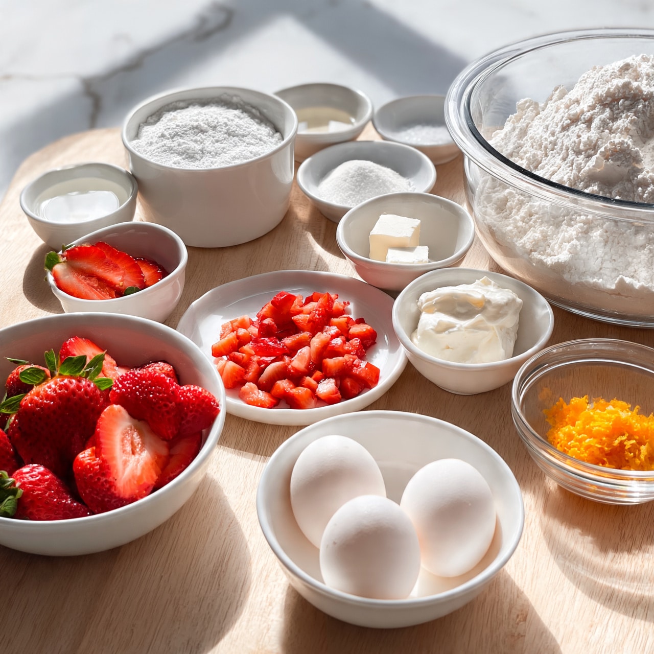 square image The image shows many bowls of ingredients on a light wood table. On the left, a white bowl holds whole and sliced red strawberries with green leaves. Next to it, there is a small white bowl with a clear liquid and a larger white bowl filled with small white powder. In the center, a white plate is filled with small chopped strawberries. Near it, there is a small white bowl with two small white cubes and another small white bowl with thick white cream. Behind these, three small bowls hold clear liquid, white powder, and a small amount of salt. On the right side, there is a large clear bowl full of white flour and a smaller clear bowl with orange zest. In front of these, a white bowl holds three whole raw eggs. The scene is shown on a white marbled surface. Photo taken with an iphone --ar 4:5 --v 7