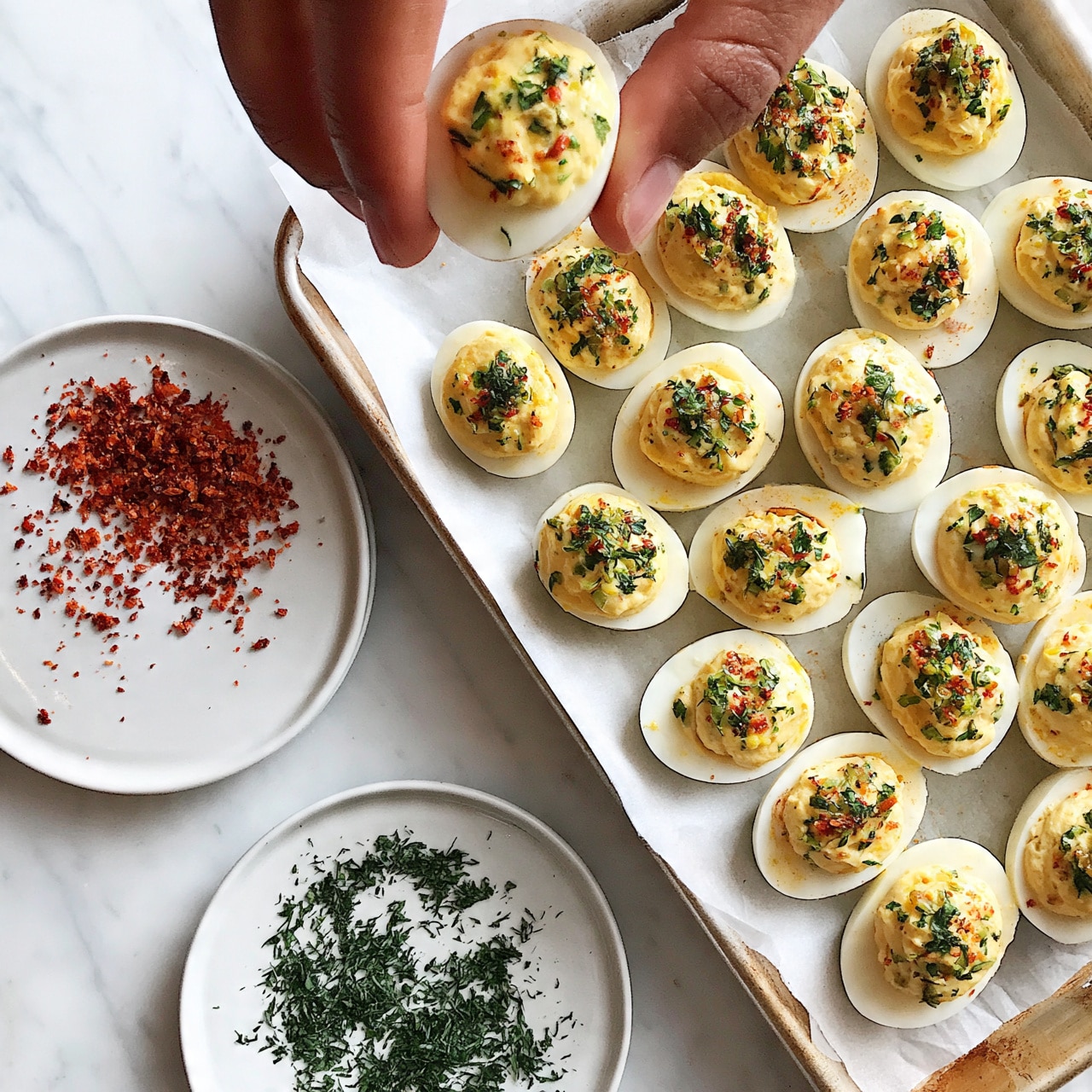 square imag  The image shows a tray filled with deviled eggs arranged neatly on white parchment paper. Each egg is halved, with a creamy pale yellow filling topped with green chopped herbs and small red bits, adding texture and color contrast. Near the tray, there is a white plate with a scattered pile of crispy red crumbs, and another white plate below holds more green herbs spread thinly. A woman's hand is holding one deviled egg above the tray. The scene is set on a white marbled surface, giving a clean and bright look. photo taken with an iphone --ar 4:5 --v 7