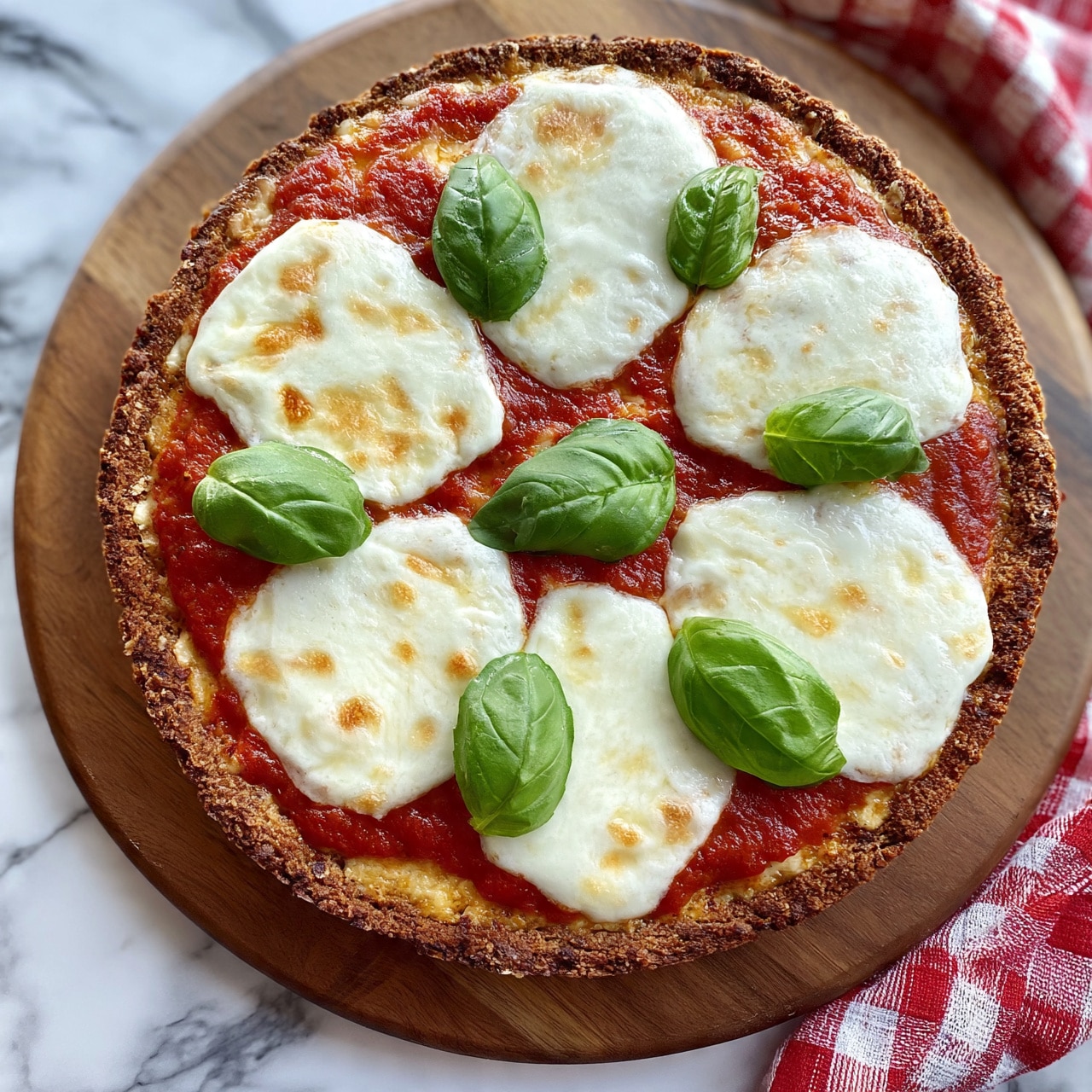square image A pizza with one thick, brown crust base, topped with a layer of red tomato sauce spread evenly. On top, there are six slices of melted white mozzarella showing some golden brown spots, placed in a circular pattern. Scattered across the cheese are five bright green basil leaves, adding a fresh touch. The pizza sits on a round wooden board, all set on a white marbled surface. A red and white checkered cloth is partially visible next to the board. photo taken with an iphone --ar 4:5 --v 7