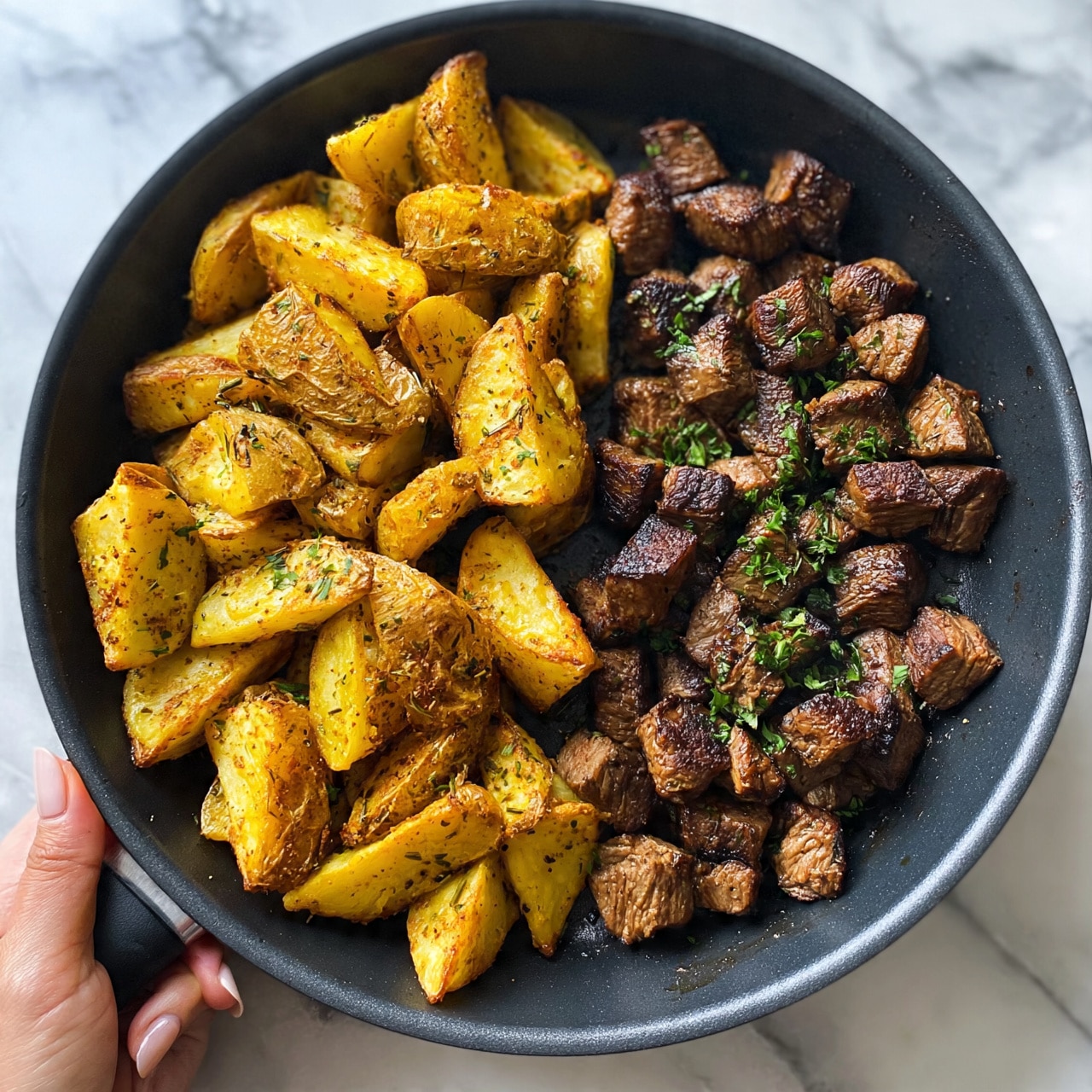 square image The image shows a close-up of a black pan filled with two main layers: on the left side, there are golden-brown potato wedges seasoned with herbs and spices, crisp on the outside with a rough texture; on the right side, there are small cubes of cooked beef, dark brown with a slightly charred, juicy look, sprinkled lightly with green herbs. The pan rests on a white marbled surface. A woman's hand is holding the pan's handle. photo taken with an iphone --ar 4:5 --v 7