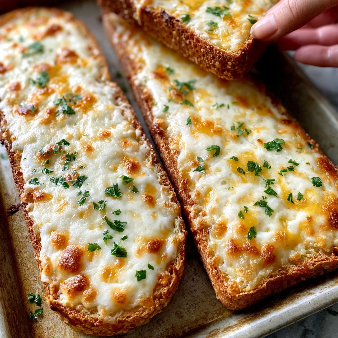Cheesy Garlic Bread Recipe 5 square image The image shows four long slices of toasted bread topped with melted cheese that is white and yellow, melted smoothly across the surface with some browned spots. Small green parsley leaves are scattered on top of the cheese adding a fresh splash of color. A woman's hand is holding one slice from the top right corner, giving a sense of scale and interaction. The bread slices are placed on a cooking tray with a dull, slightly textured surface. Photo taken with an iphone --ar 4:5 --v 7