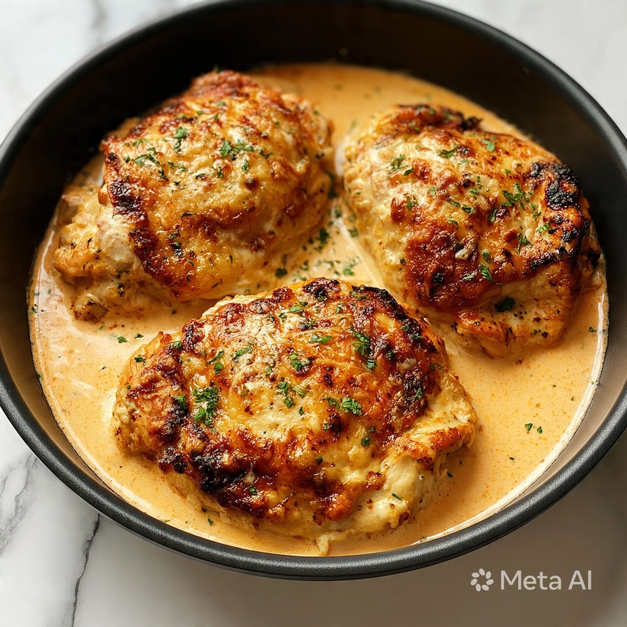 square image The image shows four cooked chicken pieces inside a black pan, each piece golden brown with some charred spots and sprinkled with small green herbs. The chicken is sitting in a light orange sauce that looks smooth and creamy. The pan is placed on a white marbled surface, highlighting the warm colors of the chicken and sauce. The chicken pieces are arranged close together, with the sauce filling the pan around them. Photo taken with an iphone --ar 4:5 --v 7