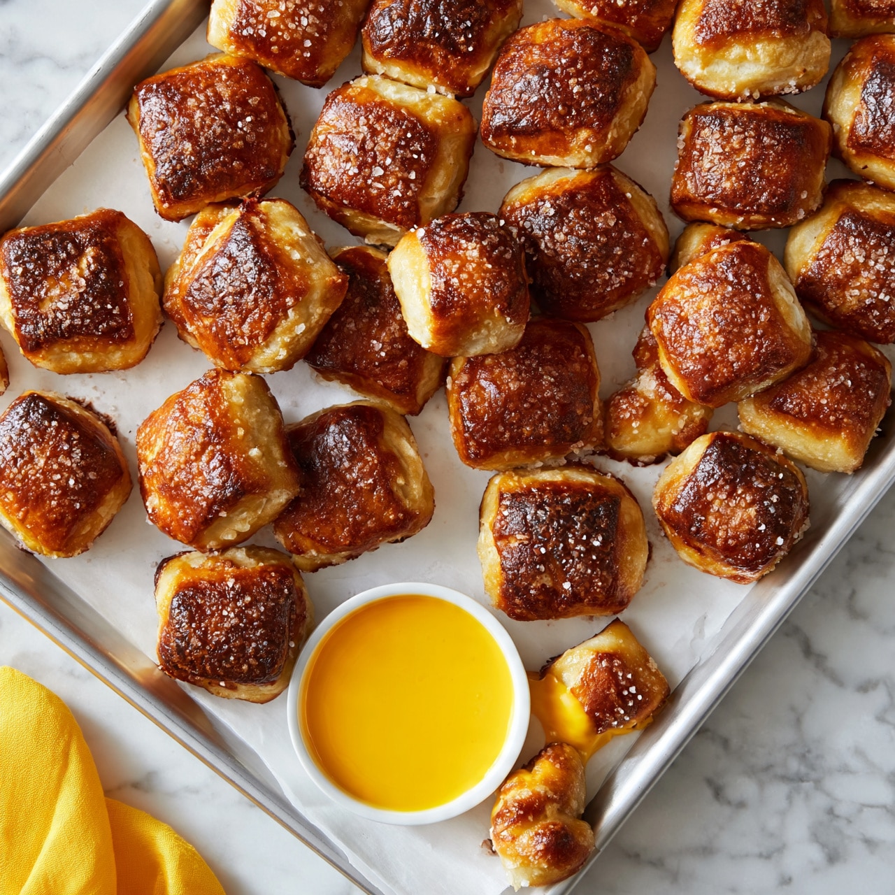 square image The image shows many small, square-shaped soft pretzel bites with a golden-brown color and a slightly shiny, crispy texture on the top, sprinkled with coarse salt. The pretzels are scattered on a silver baking tray lined with white parchment paper, which rests on a white marbled surface. There is a small white bowl filled with bright yellow cheese sauce placed near the bottom center of the tray. One pretzel bite is partly dipped in the cheese sauce. A bright yellow cloth is visible on the bottom left corner of the image. The overall setup gives a warm and appetizing feeling. Photo taken with an iphone --ar 4:5 --v 7