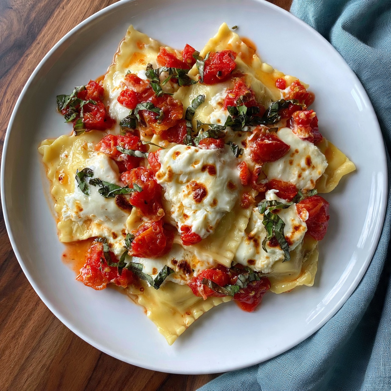 square image A white plate holds a dish of large pasta squares that are light yellow and slightly shiny. The pasta is mixed with chunky red tomato pieces and melted cheese that is creamy white with some browned spots. Scattered dark green basil leaves add color, while a light drizzle of sauce covers the pasta. The plate sits on a wooden surface with a soft blue cloth beside it. Photo taken with an iphone --ar 4:5 --v 7
