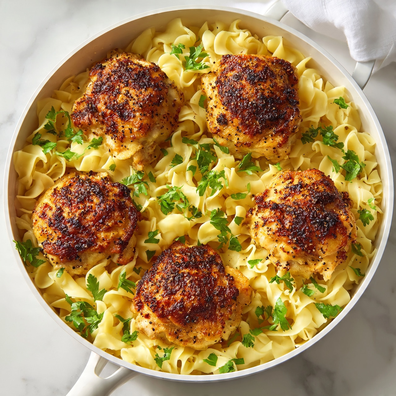 square image The image shows a white frying pan filled with a dish of six browned, cooked chicken pieces on top of a bed of light yellow, wide egg noodles. The chicken pieces have a crispy, dark golden-brown top layer with small black pepper specks and are scattered evenly among the noodles. Fresh, green flat leaf parsley leaves are sprinkled over the chicken and noodles, adding fresh color contrast. The pan is placed on a white marbled surface with a white cloth partially in view in the background. photo taken with an iphone --ar 4:5 --v 7