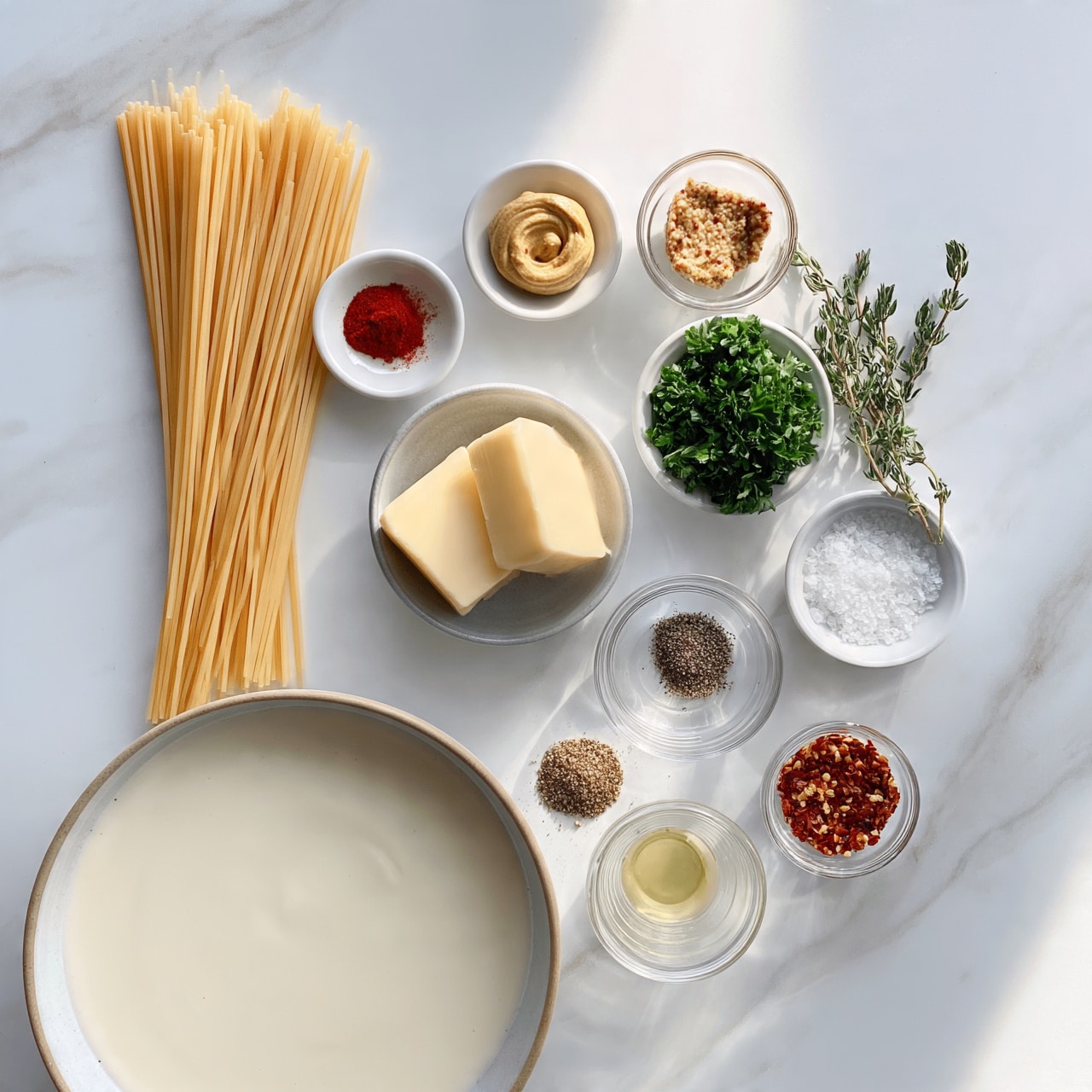 square image A top view of various ingredients arranged neatly on a white marbled surface: a bundle of uncooked spaghetti standing upright on the left, two thick cubes of pale yellow butter in a small gray bowl near the center, a large bowl filled with a creamy white liquid at the bottom left, and several small white bowls and clear glass containers holding different spices and herbs around them. These include a small pile of red powder, a swirl of tan mustard, bright green chopped parsley, fresh thyme sprigs, coarse salt, a few small piles of ground black pepper, red chili flakes, brownish seasoning, and a small amount of a light yellow liquid. The composition is clean and organized, with a soft natural light. Photo taken with an iphone --ar 4:5 --v 7square image