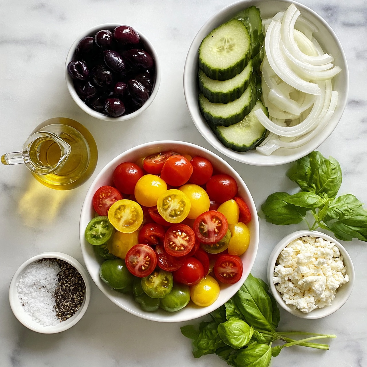 square image A flat lay image shows six white bowls and fresh basil leaves on a white marbled surface. The largest white bowl in the center is filled with three layers of halved cherry tomatoes in red, yellow, and green colors, with shiny smooth textures. To the top right, a medium white bowl holds two layers of sliced cucumbers with rough edges and sliced white onions with thin, smooth curved strips. At the top left, a small white bowl contains dark purple black olives with a glossy finish. Below it is a small glass jug with golden olive oil. At the bottom left, a small white bowl has a mix of white salt crystals and black pepper. To the right, a small white bowl is filled with crumbly white cheese. Fresh bright green basil leaves with smooth textures and stems lie near the small cheese bowl. The whole setup is arranged on a soft white marbled background. photo taken with an iphone --ar 4:5 --v 7