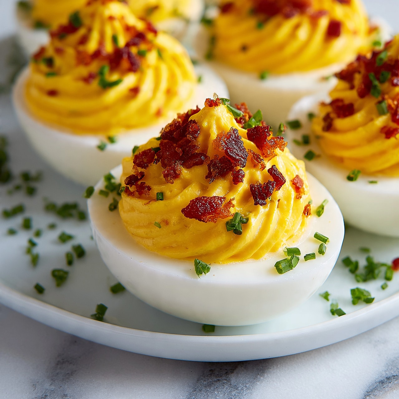 square imag  A close-up view of several deviled eggs arranged on a white plate atop a white marbled surface, each egg half has a smooth white base of boiled egg white, topped with a thick, bright yellow creamy filling swirled in a peak shape. The filling is garnished with small pieces of crispy golden-brown bacon and finely chopped fresh green chives scattered on the eggs and the plate. The colors are bright and inviting, with the white egg, vibrant yellow filling, reddish-brown bacon, and green herbs clearly visible. The photo taken with an iphone --ar 4:5 --v 7