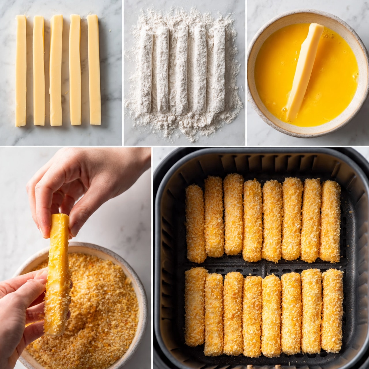 square image The images show a step-by-step process of preparing cheese sticks. In the first small image, several long, pale yellow cheese sticks are laid out on a white marbled surface. The second image shows the cheese sticks rolled in a white flour or coating, the powder looking soft and fine. The third image displays a bowl of bright yellow beaten eggs with a cheese stick placed inside. The fourth image captures a woman's hand dipping the egg-coated cheese stick into a bowl of golden breadcrumbs, pressing gently to cover all sides. The last image shows the cheese sticks placed in a dark air fryer basket, evenly spaced and ready to cook, with the cheese sticks fully coated and textured. The background in all images is a white marbled surface. photo taken with an iphone --ar 4:5 --v 7