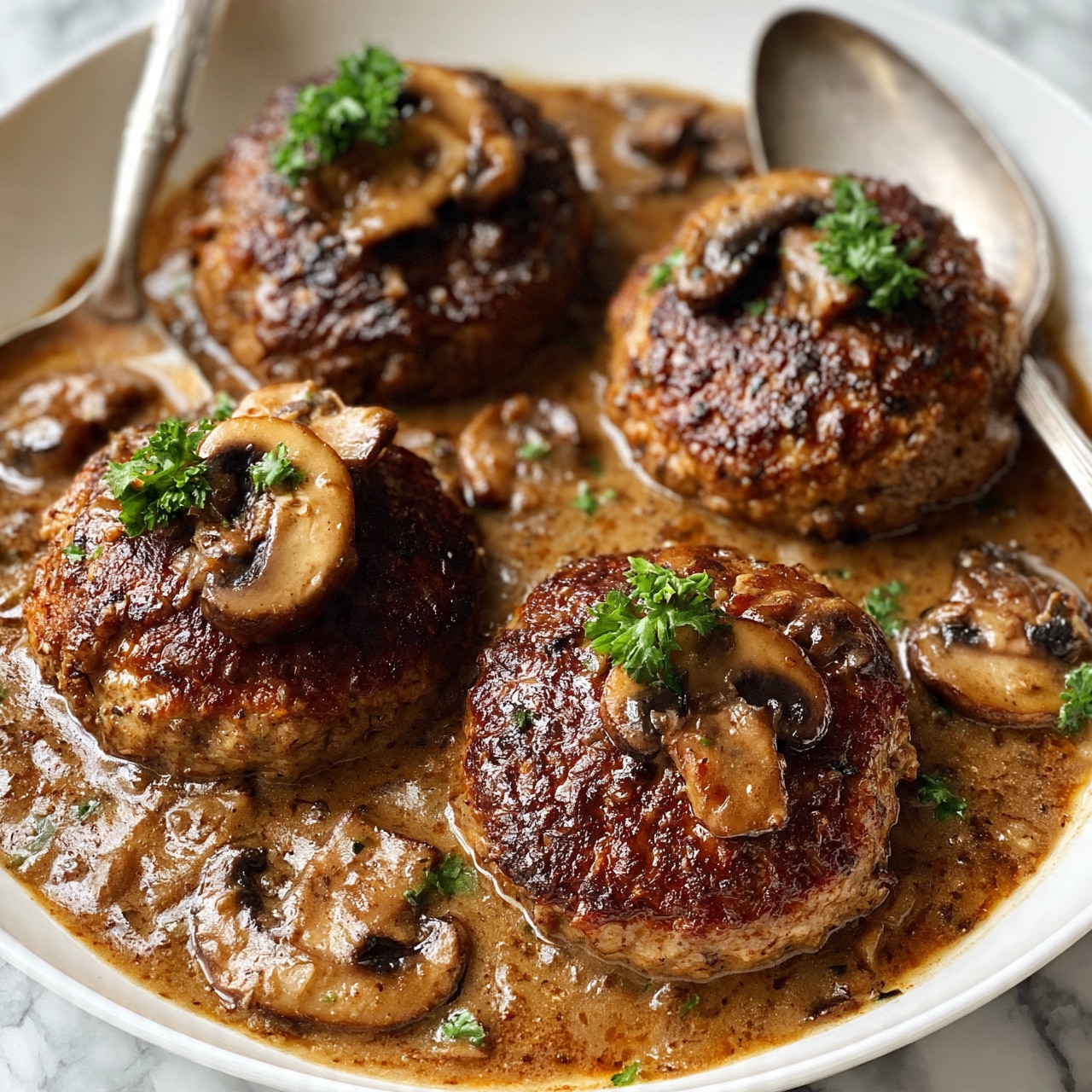 square image The image shows three browned round patties with a slightly rough texture, covered in thick brown mushroom sauce with visible sliced mushrooms on top and around them. Each patty has a small piece of green parsley garnish. A silver spoon rests on the edge of the white pan, which holds the sauce and patties. The background is a white marbled texture. photo taken with an iphone --ar 4:5 --v 7