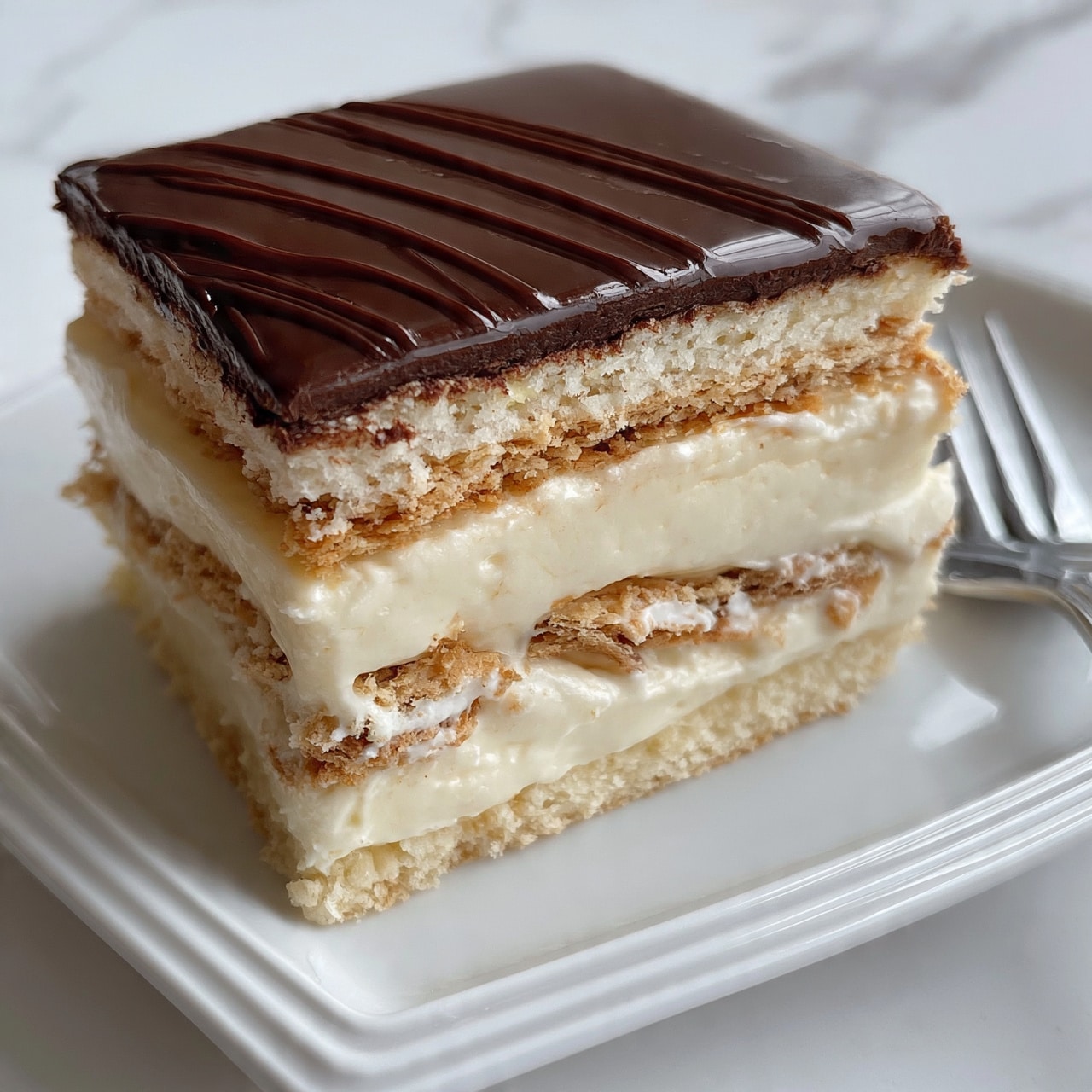 No-Bake Eclair Cake Recipe 5 square image A square dessert with three layers sits on a white plate with a raised edge and a fork beside it. The bottom layer is a crumbly light beige biscuit base. Above it, there is a thick creamy off-white layer with a smooth texture, topped by another thin biscuit layer with some creamy filling visible between the cracks. The third layer is another thick creamy off-white layer, followed by a final thin biscuit layer. The dessert is topped with a smooth, shiny dark brown chocolate layer that has several thin lines running across it, adding texture. The background is a white marbled surface. Photo taken with an iphone --ar 4:5 --v 7