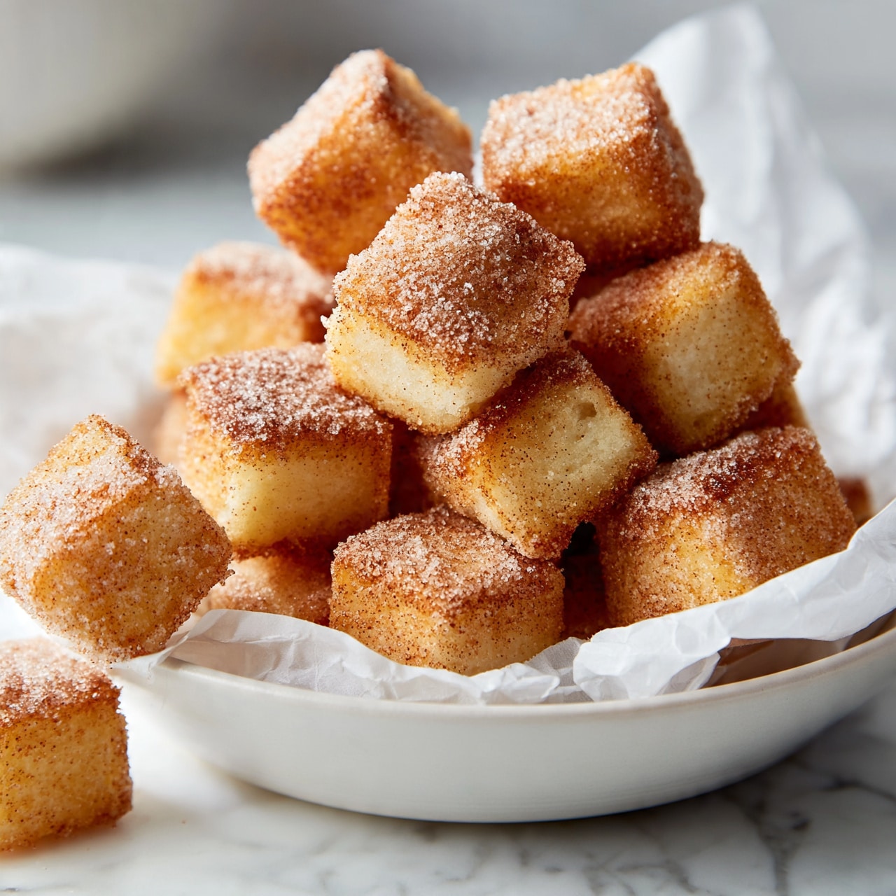 square image A white bowl lined with crumpled white paper is filled with many small, golden-brown square pieces covered in a light layer of cinnamon sugar, giving them a slightly rough texture. The pieces are piled high, some leaning on others, showing their slightly crispy edges and soft-looking centers. A couple of the squares are outside the bowl, resting on the white marbled surface. The background is softly blurred, enhancing focus on the bowl of sweet dessert cubes, photo taken with an iphone --ar 4:5 --v 7