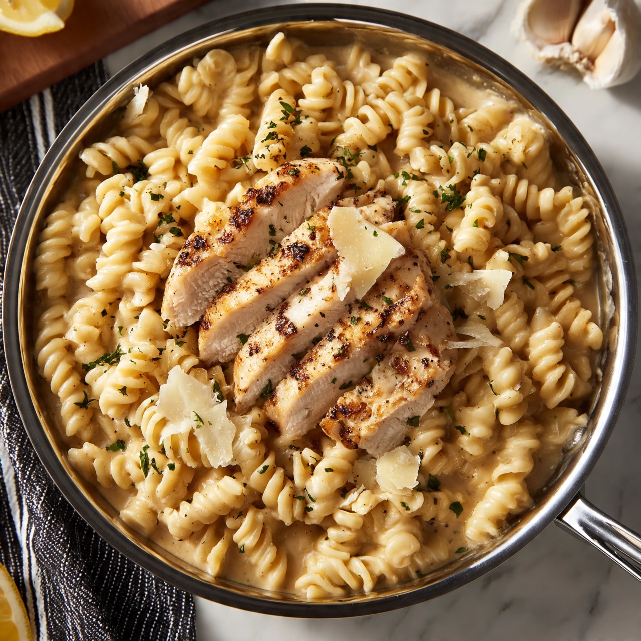 square image A shiny metal pan filled with creamy, light brown sauce pasta with spirals all over, topped in the middle with several slices of grilled white meat chicken with light char marks. On top of the pasta and chicken are small green herb leaves and thin shavings of pale cheese. The pan rests on a white marbled surface, next to a black and white striped cloth and a wooden board with lemon halves. In the background to the top right is a partially opened bulb of garlic. photo taken with an iphone --ar 4:5 --v 7