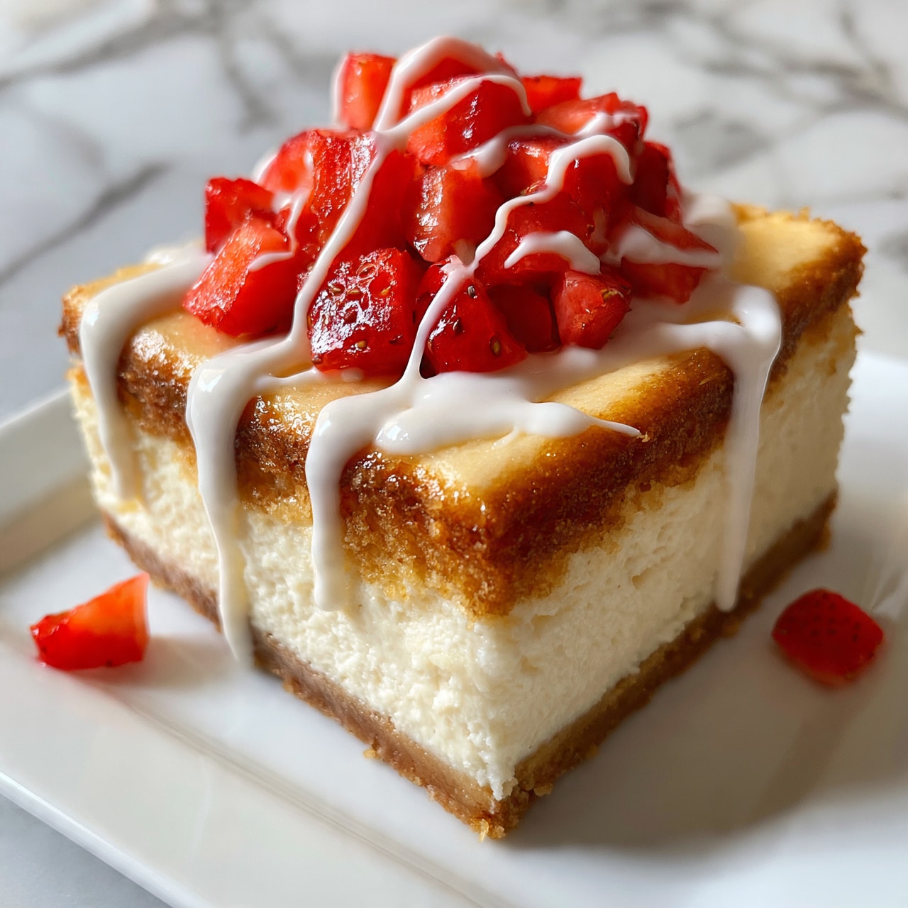 square image A thick square slice of cheesecake is placed on a white plate with a white marbled texture background. The cheesecake has two distinct layers: a smooth creamy white bottom layer and a golden brown top layer. On top of the cheesecake, there are many small, bright red cut strawberry pieces piled in the center. White icing is drizzled in thin lines over the strawberries and across the top and sides of the cheesecake, adding a shiny texture. A few strawberry pieces are scattered on the plate around the cheesecake. Photo taken with an iphone --ar 4:5 --v 7