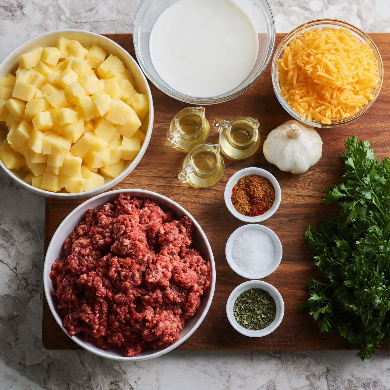 square image  A flat lay image shows several bowls and ingredients on a wooden surface. Starting from the left, there is a large white bowl full of diced pale yellow potatoes. Below it is another large white bowl filled with raw ground meat that is red and coarse in texture. To the right of these are three small white bowls stacked vertically containing different spices: a brown and red powder blend at the top, white salt in the middle, and green dried herbs at the bottom. Next to these small bowls are two small glass pitchers with light yellow oils and a large glass bowl filled with white cream or milk above them. To the right of this group sits a bulb of white garlic. Further right, there is a smaller glass bowl filled with shredded orange-yellow cheese. Finally, on the far right side, a bunch of fresh green parsley is resting on the wooden surface. The background is a white marbled texture.  1:1