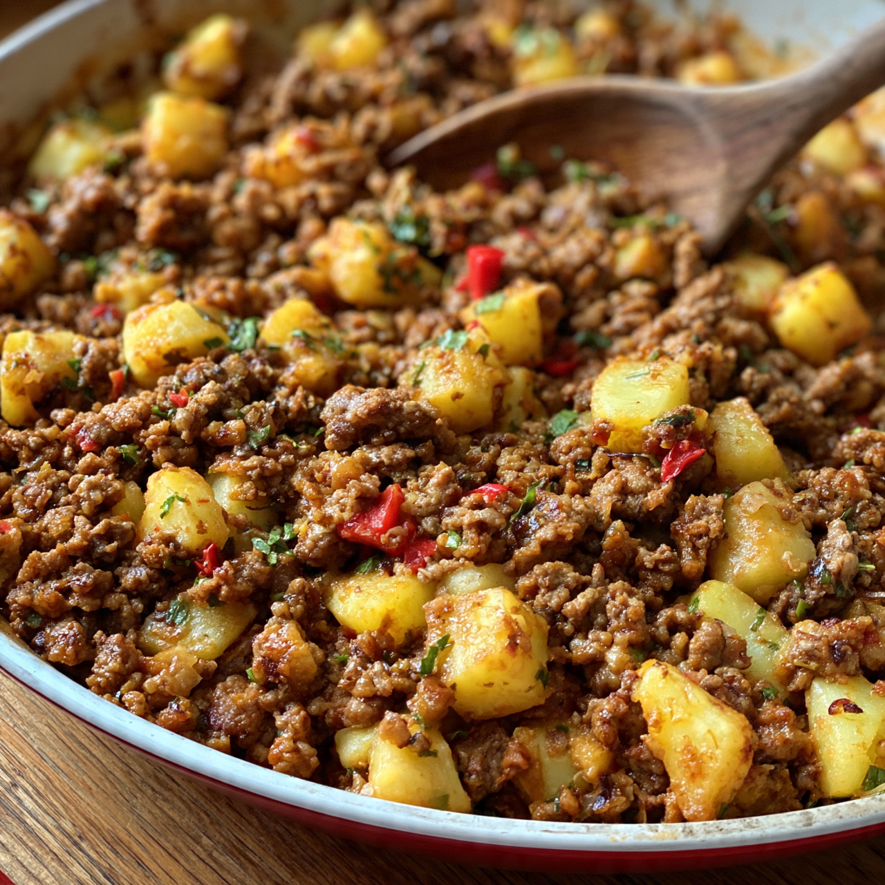 A close-up view of a large round dish filled with cooked ground meat mixed with chunky yellow potato pieces and small bits of red pepper and green herbs. The meat is brown and crumbly with a moist texture, while the potatoes are soft with a slightly golden color. A wooden spoon is resting inside the dish, stirring the mixture. The dish has a white interior and a red outer part, placed on a wooden surface. photo taken with an iphone  aspect ratio 1:1