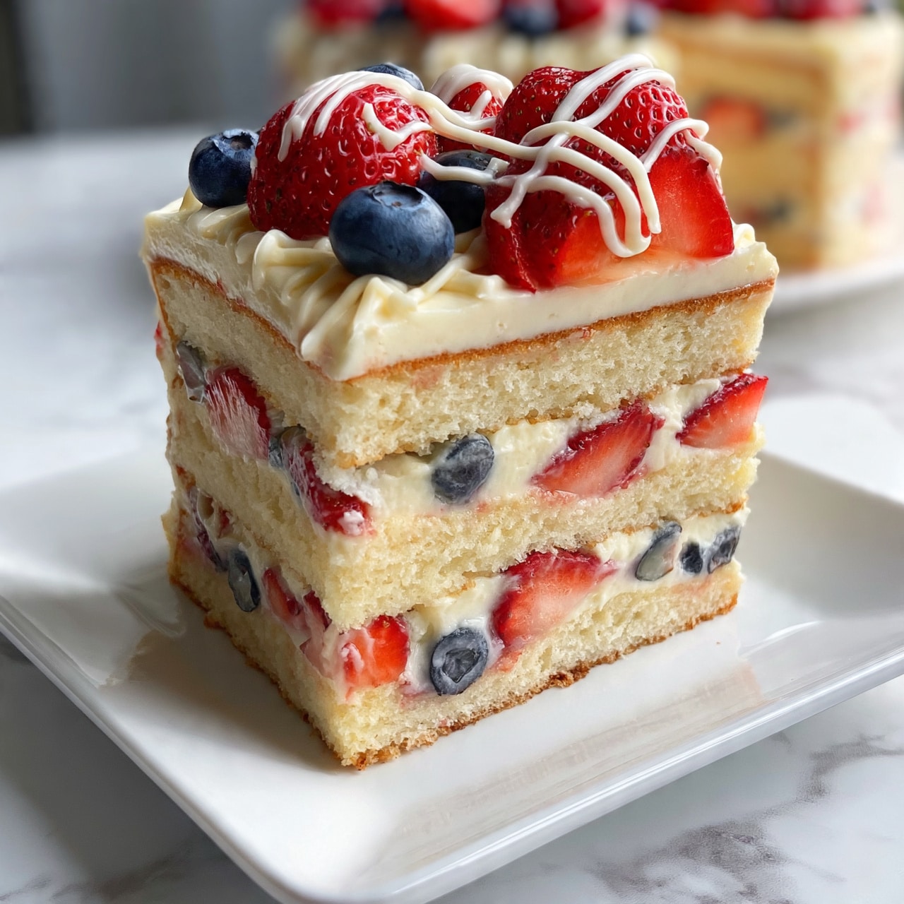 square image The image shows a square slice of layered cake on a white plate. The cake has multiple layers: a light, creamy layer alternates with layers of sponge cake and slices of strawberries and blueberries inside. On top, there is a smooth creamy layer decorated with a few whole strawberries and blueberries, along with thin white cream lines drizzled over the fruit. The background is a white marbled surface with a larger cake blurred in the background. Photo taken with an iphone --ar 4:5 --v 7
