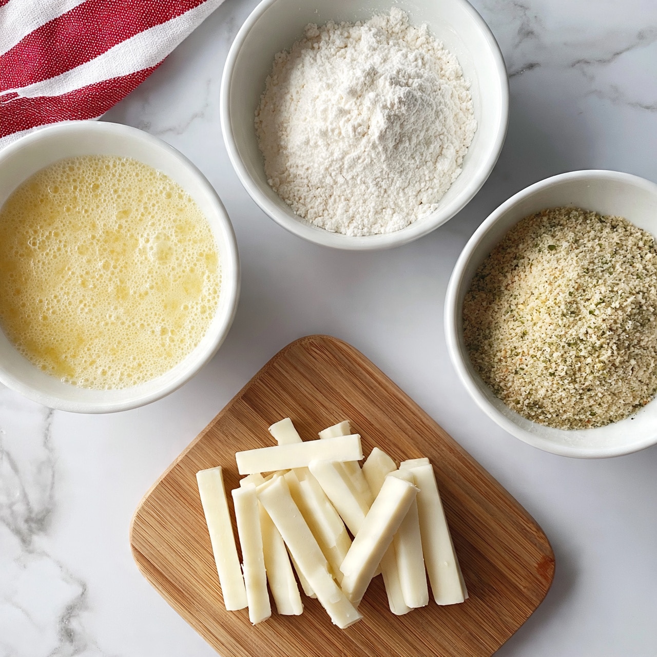 square image The image shows four main parts arranged on a white marbled surface: in the top left, a white bowl filled with a foamy yellow liquid; in the top center, a white bowl filled with white flour; in the top right, a white bowl containing light brown breadcrumbs with green specks; and at the bottom center, a wooden cutting board holding several white cheese sticks cut into smaller pieces. A red and white striped cloth is partially visible in the top left corner. photo taken with an iphone --ar 4:5 --v 7