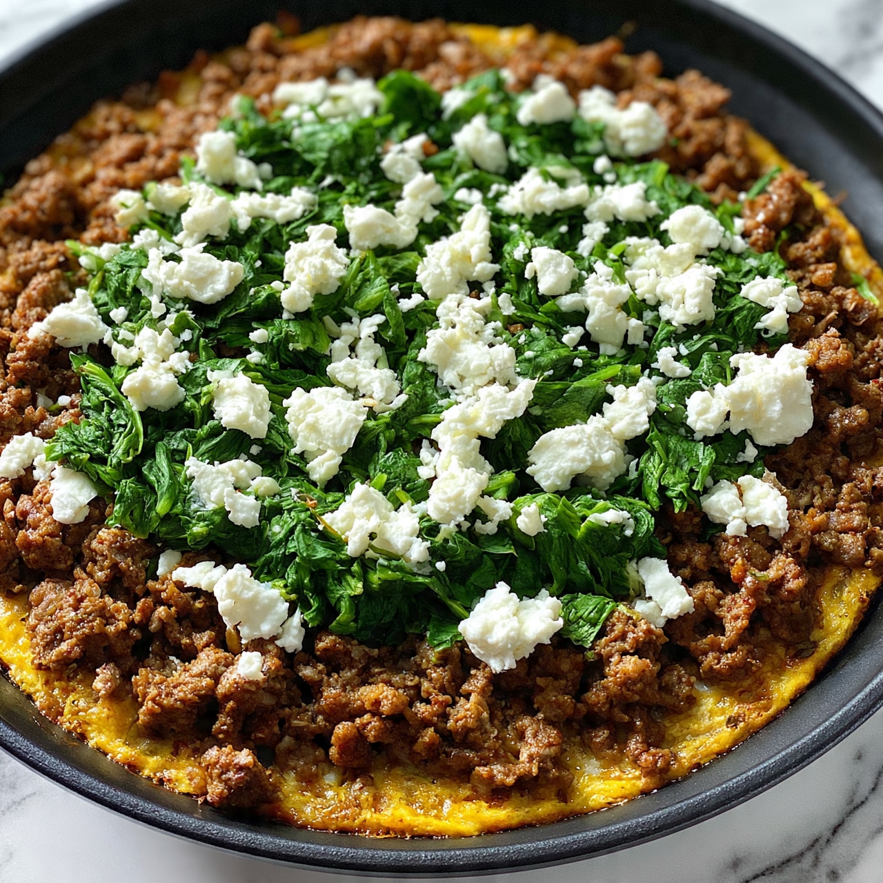 square image The dish is a skillet filled with several layers starting with a golden cooked base topped with brown ground meat spread evenly across the pan. On top of the meat, there is a layer of bright green cooked spinach that adds a fresh look. Scattered over the spinach are small white chunks of soft cheese, giving a crumbly texture. The skillet itself is black, and the background shows a white marbled texture. 1:1