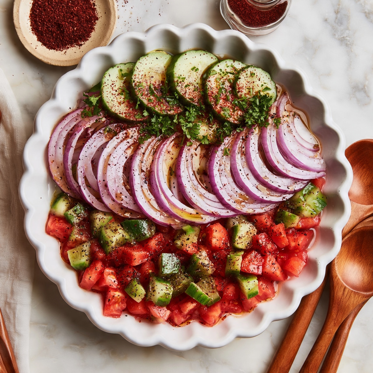 square image A white scalloped shallow bowl holds a fresh salad made of three layers: the bottom layer is a mix of chopped bright red tomatoes and green cucumbers with a slightly glossy texture, the middle layer has thin, long slices of purple onion spread evenly, and the top layer is sprinkled with small green parsley leaves. The salad is lightly coated with oil and speckled with fine black seasoning. The bowl is placed on a white marbled surface. Next to it, three wooden spoons with smooth polished textures lie to the side, and above the bowl, a small beige dish with finely ground red spice and a glass bottle of red sumac powder rest on the surface. photo taken with an iphone --ar 4:5 --v 7