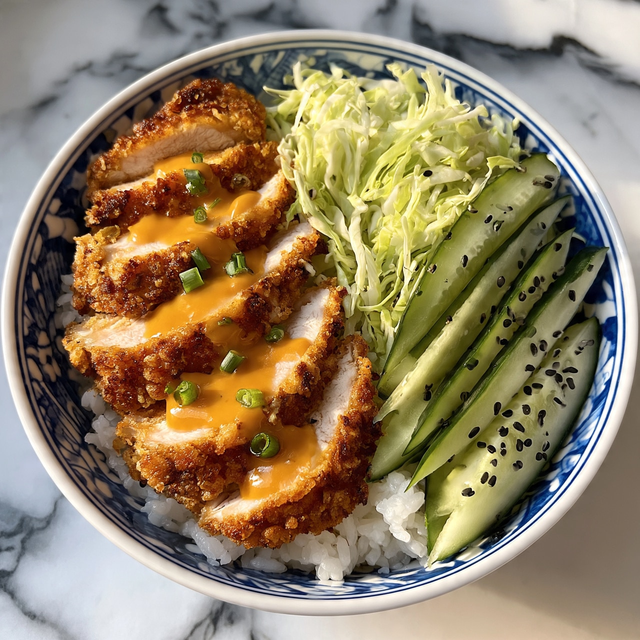 square image A white bowl with a blue and white patterned inside holds a layered dish starting with a base of white rice. On top are six golden brown crispy fried chicken slices arranged in a row on the left. They are drizzled with a smooth orange sauce and sprinkled with small green onion pieces. On the right side, thin shreds of light green cabbage and long slices of fresh cucumber with black sesame seeds add fresh colors and textures. The bowl sits on a white marbled surface. Photo taken with an iphone --ar 4:5 --v 7