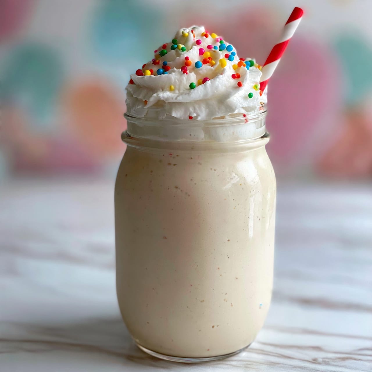 square image A close-up view of a creamy light beige milkshake in a clear glass mason jar. The milkshake fills almost the whole jar, with a thick swirl of white whipped cream on top, decorated with small colorful round sprinkles in red, green, blue, yellow, orange, and pink. A red and white twisted paper straw is stuck into the milkshake on the right side. The jar sits on a white marbled surface with a soft blurred background of pastel colors and out-of-focus shapes. photo taken with an iphone --ar 4:5 --v 7
