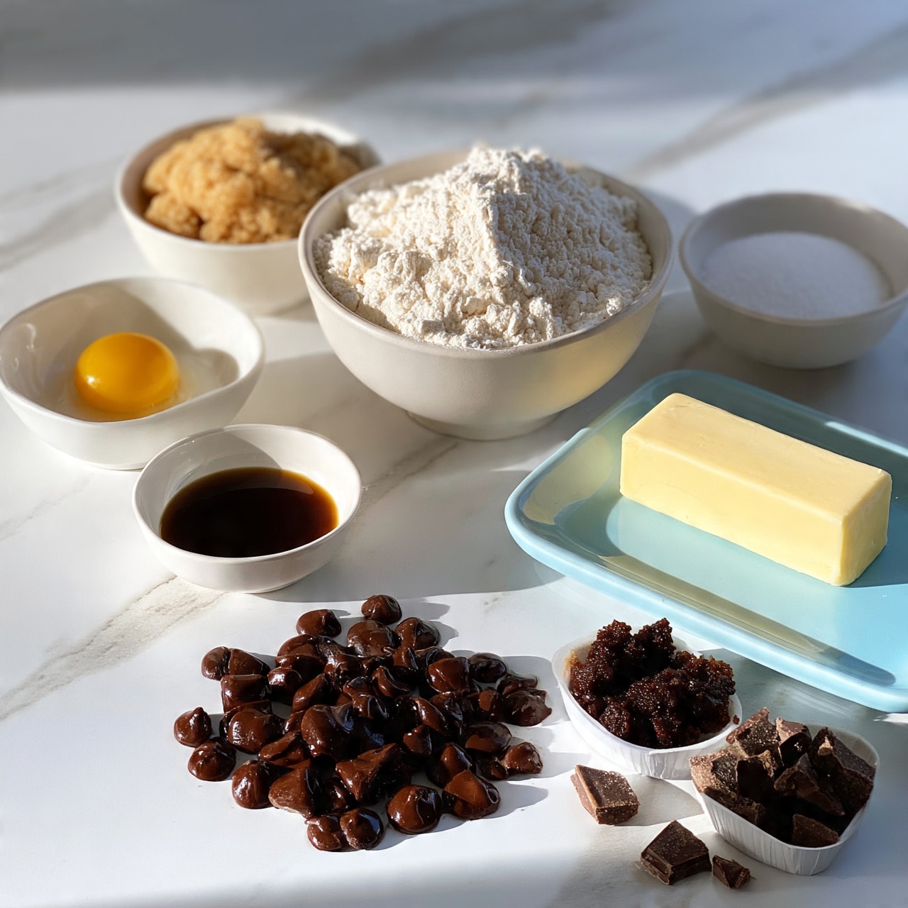 square image On a white marbled surface, several small white dishes and containers hold baking ingredients neatly spread out: one dish has a cracked yellow egg yolk, another holds light brown soft sugar, a larger bowl is filled with white flour, a small bowl contains granulated white sugar, a light blue rectangular plate holds a stick of pale yellow butter, a tiny white bowl has white salt, and two small containers hold dark brown syrup and moist dark brown sugar; scattered in front are glossy dark brown chocolate chips and small chunks of chocolate, all arranged in a clean, organized manner. photo taken with an iphone --ar 4:5 --v 7