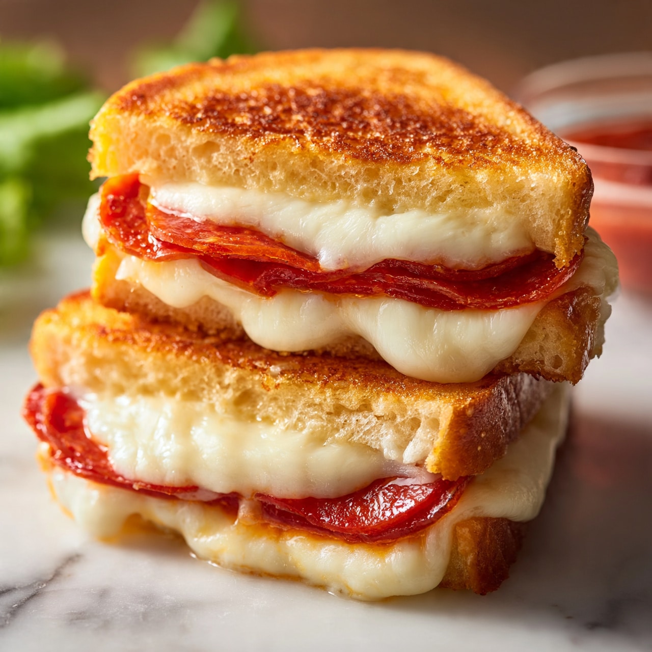 square image The image shows a close-up of two grilled sandwiches stacked on a white marbled surface, each sandwich cut in half to reveal three layers: a top and bottom layer of golden toasted bread with a slightly crunchy texture and a middle layer filled with melted white cheese and red pepperoni slices. The cheese looks smooth and stretchy, melting slightly out of the sandwich edges, while the pepperoni adds a shiny and red contrast. In the background, some green lettuce and a small glass bowl of red sauce are slightly blurred, enhancing the focus on the sandwiches. The lighting highlights the warm colors and textures, making the sandwich look fresh and ready to eat photo taken with an iphone --ar 4:5 --v 7