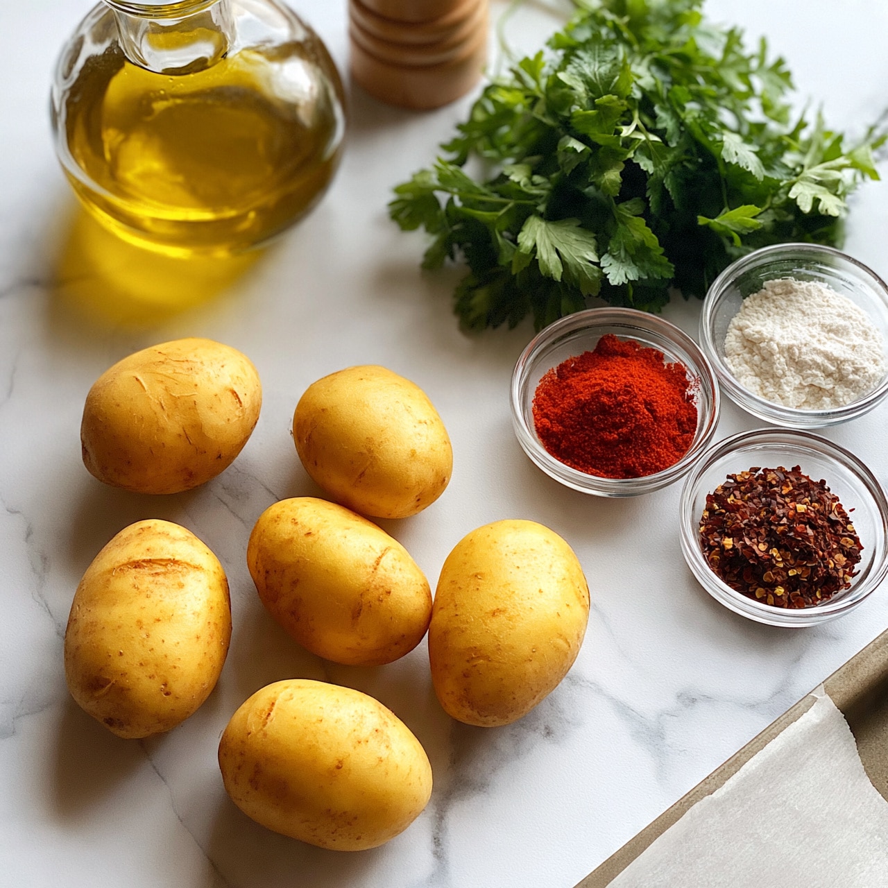 square image The image shows six whole potatoes with smooth yellow skin scattered on a white marbled surface, with a bunch of green parsley leaves placed above them to the right. Beside the parsley, there are three small clear glass bowls, one filled with bright red paprika powder, one with white flour, and one with dark red chili flakes. To the upper left, there is a round clear glass bottle filled with golden yellow oil next to a wooden pepper grinder. At the bottom right corner, part of a baking tray lined with white parchment paper is visible. photo taken with an iphone --ar 4:5 --v 7