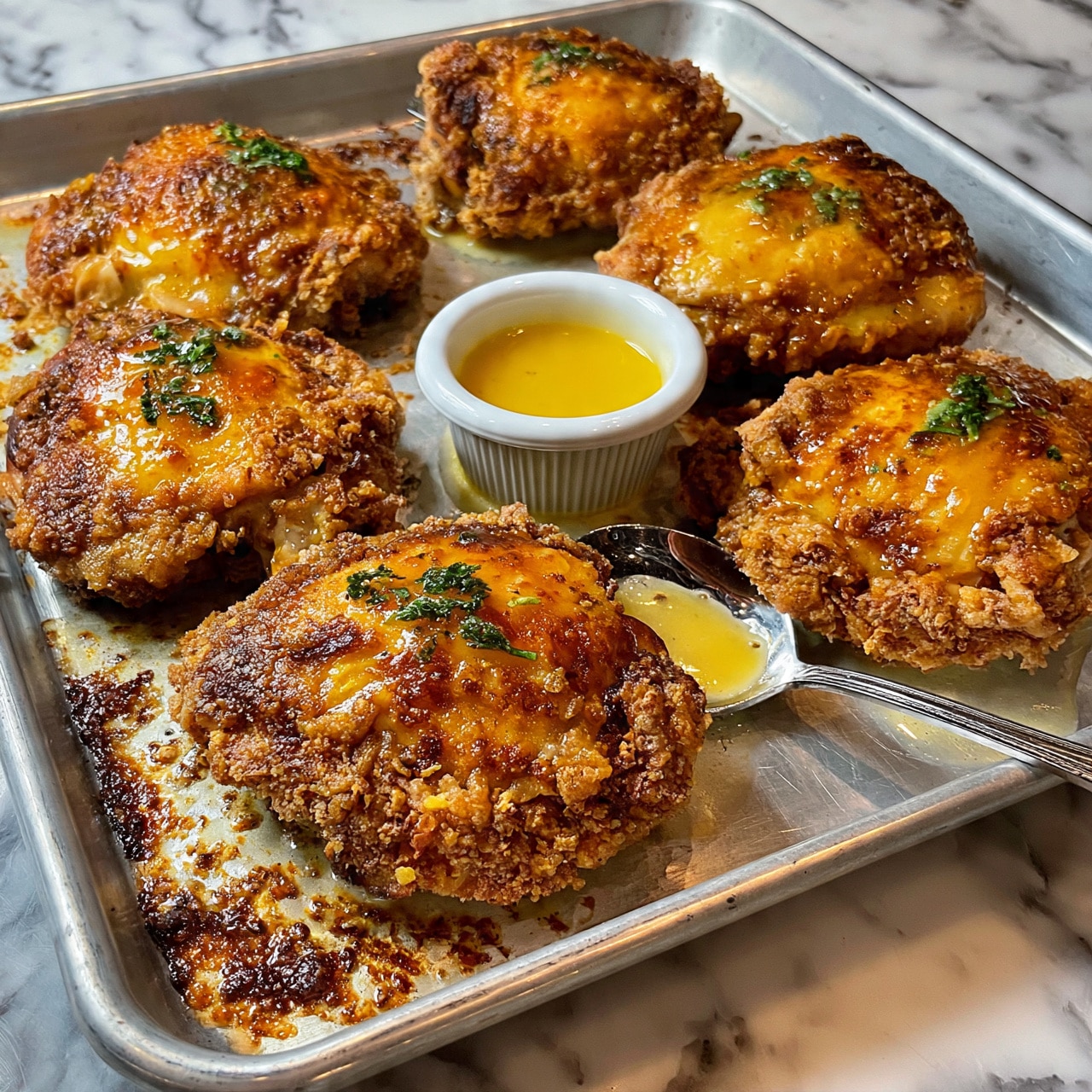 square image The image shows six pieces of golden brown crispy fried chicken thighs with a crunchy texture and small green herb garnish sprinkled on top. They are arranged on a metal baking tray with some browned bits around them. In the center of the tray is a small white ramekin filled with a thick yellow sauce, and a silver spoon with some sauce on it lies next to one piece of chicken. The background surface has a white marbled texture. The lighting highlights the crispy coating and glossy sauce on the chicken thighs. photo taken with an iphone --ar 4:5 --v 7