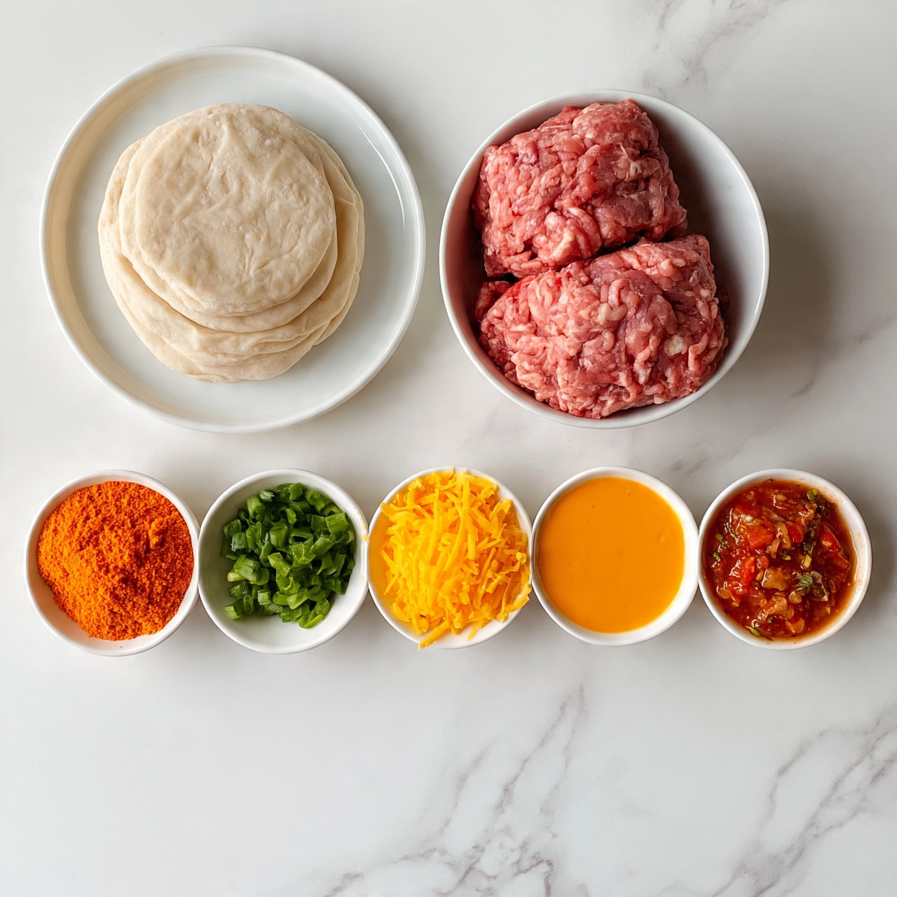 square imag The image shows seven small white bowls and plates arranged on a white marbled surface. On the top left, a white plate holds several round, flattened dough pieces stacked loosely. To the right is a white bowl filled with two blocks of fresh raw ground meat, pinkish-red in color with a soft, curly texture. Below them, moving left to right, are five smaller white bowls: one with bright orange powder, one with fresh chopped green onions, one with bright yellow shredded cheese, one with smooth orange sauce, and one with chunky red salsa containing visible herbs. photo taken with an iphone --ar 4:5 --v 7