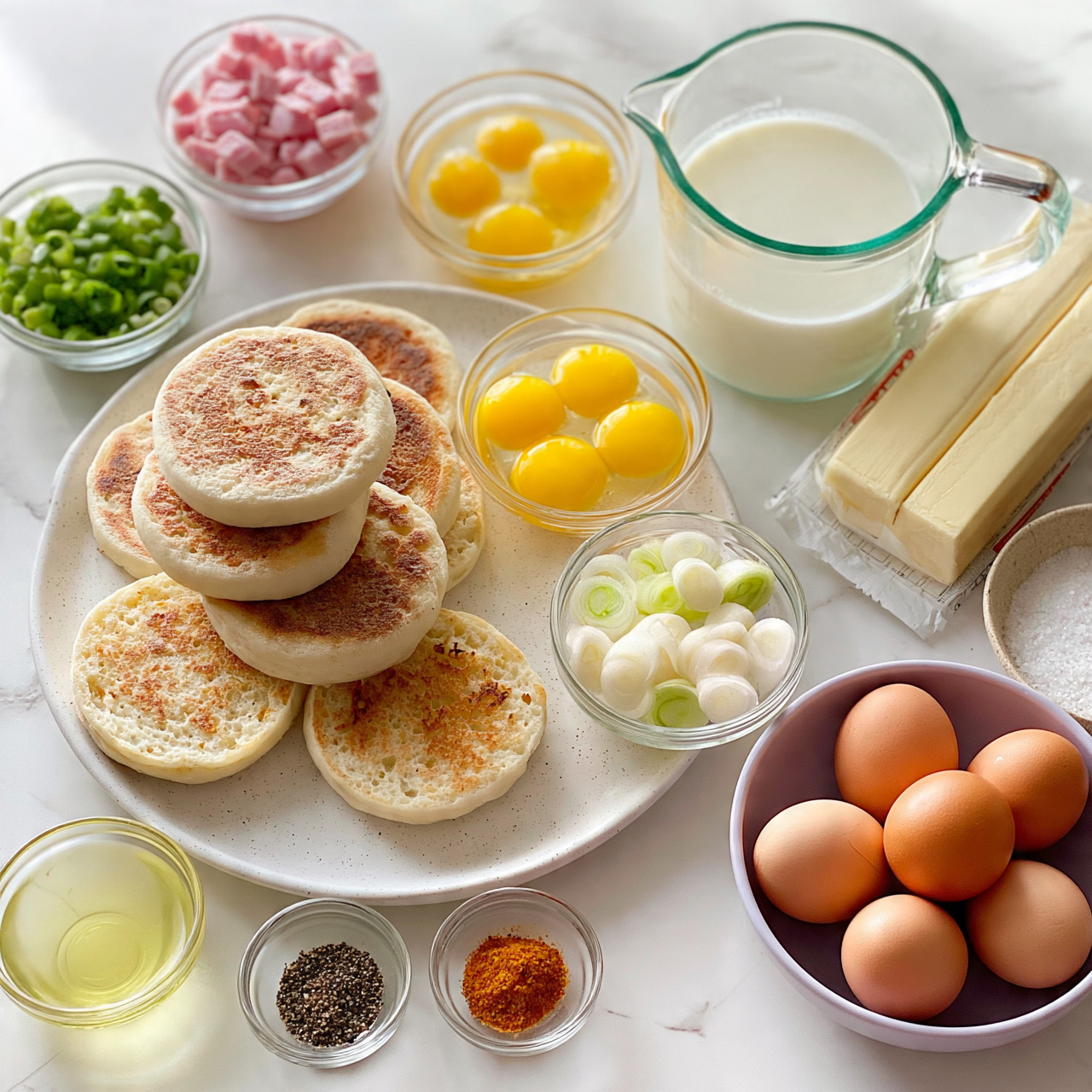 square image The image shows a set of ingredients laid out on a white marbled surface. There is a white speckled plate with six toasted English muffins stacked and arranged, showing a light golden brown on top and a soft spongy texture inside. Surrounding the plate are several small clear glass bowls: one with chopped green onions, one with diced pink ham pieces, one with six bright yellow egg yolks, one with chopped white and light green sliced scallions, one with a light yellow liquid (likely oil), and two smaller ones containing coarse black pepper and a reddish-orange powdered spice. A medium glass measuring jug contains a creamy white liquid, probably milk. Next to the jug are four sticks of butter wrapped in paper, and a small bowl with coarse salt. A light purple bowl holds six whole brown eggs. Everything is neatly arranged and clearly visible. The photo taken with an iphone --ar 4:5 --v 7
