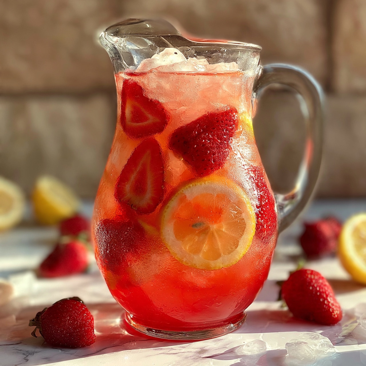 square image A clear glass pitcher filled with a bright red drink that has visible slices of fresh strawberries and lemon floating inside along with ice cubes on top, the liquid shows a gradient from deep red at the bottom to lighter pink near the surface. The pitcher sits on a white marbled surface scattered with whole strawberries, lemon halves, and a few ice cubes. The background is softly blurred with a neutral stone texture. Photo taken with an iphone --ar 4:5 --v 7
