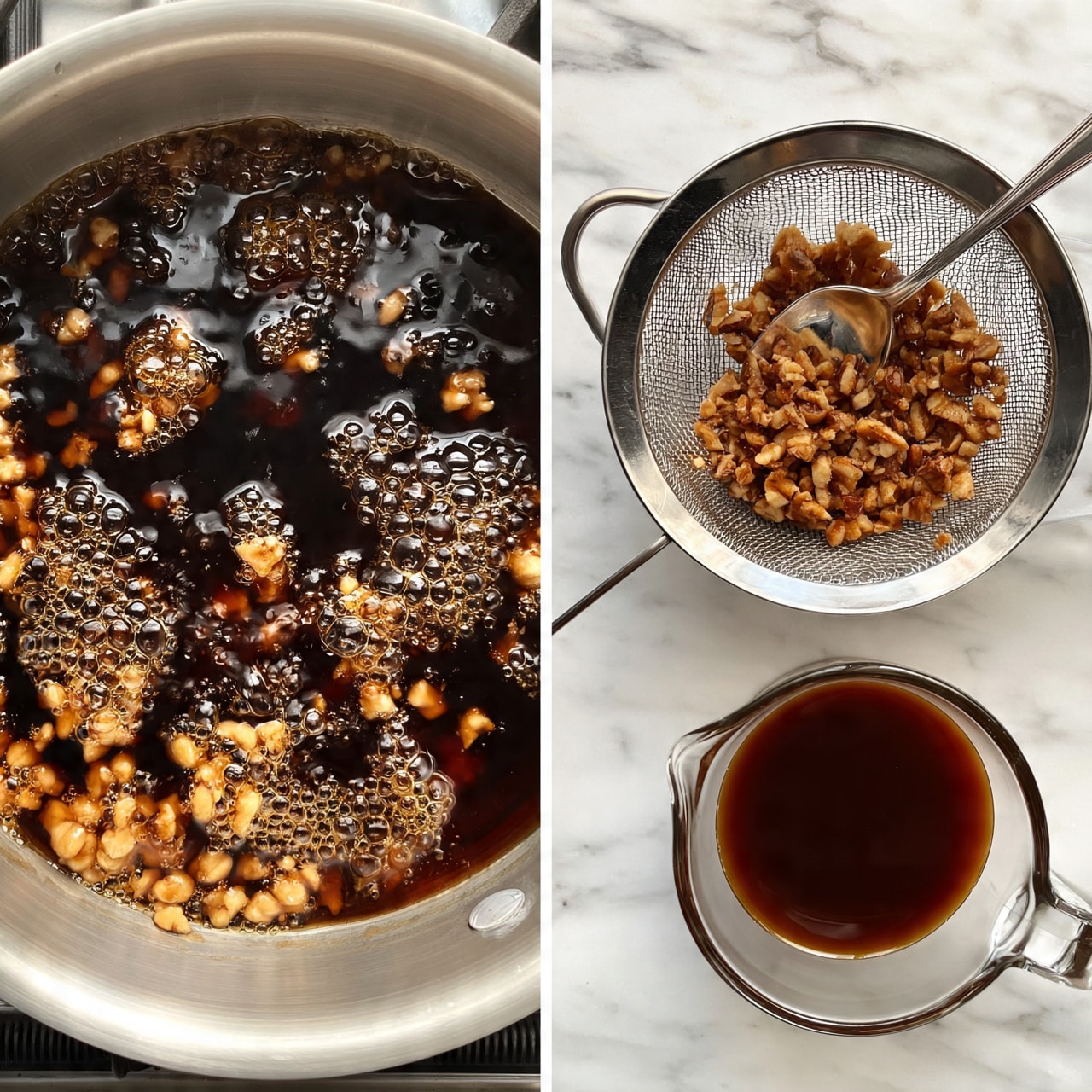 square image The image shows two scenes: on the left, a silver pot sits on a stove with a boiling dark brown liquid filled with bubbling small chunks of light tan nuts. On the right, a silver metal strainer holds cooked light brown chopped pieces, with a silver spoon resting inside. Below the strainer is a clear glass measuring cup filled with a smooth dark caramel-colored liquid. Both scenes are set on a white marbled surface. Photo taken with an iphone --ar 4:5 --v 7