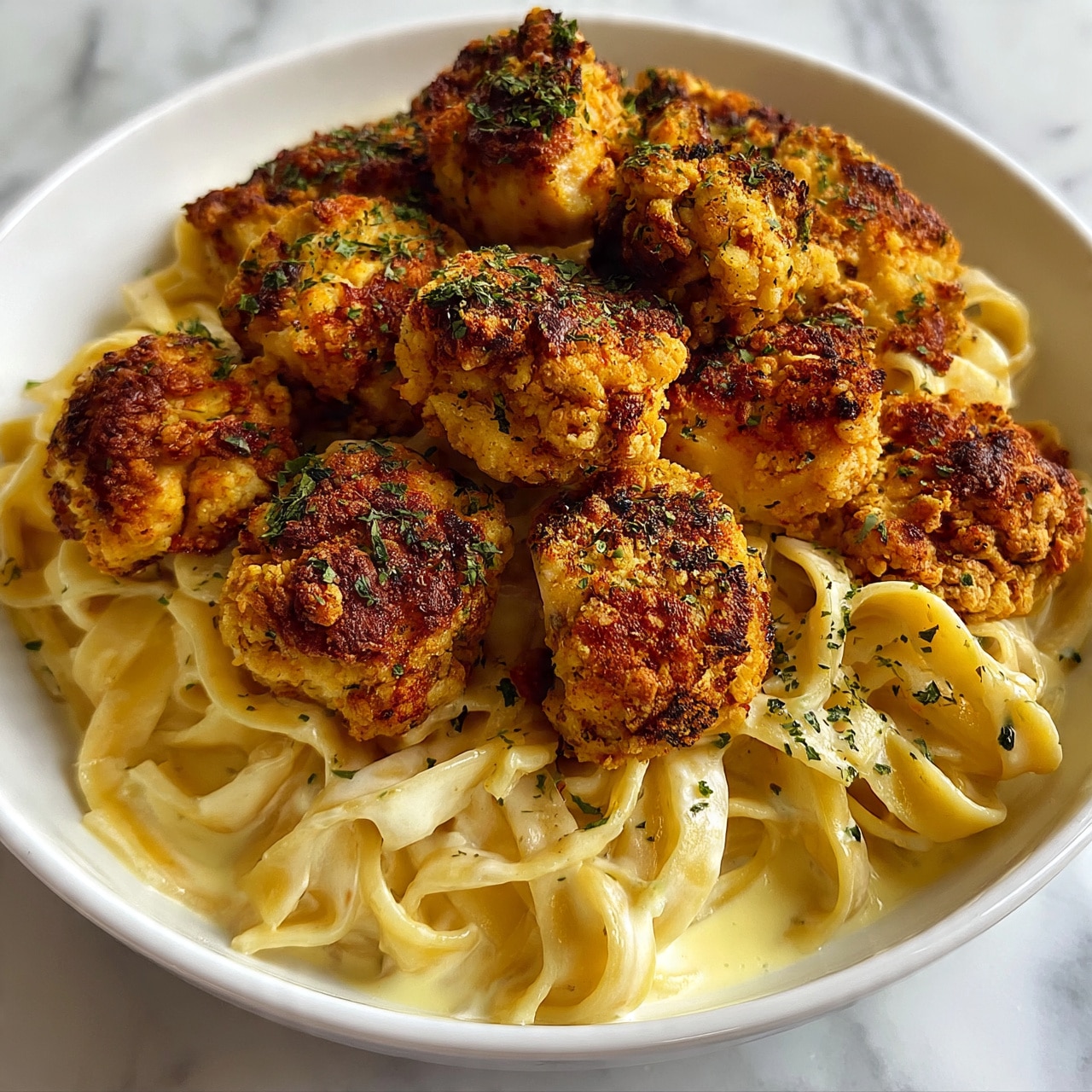 square image The image shows a white plate on a white marbled surface filled with creamy fettuccine pasta at the bottom, with ribbons of light yellow sauce coating the noodles. On top of the pasta, there are several pieces of golden-brown, crispy fried chicken chunks with a crunchy texture and a sprinkle of green herbs for garnish. The chicken pieces look evenly cooked with a slightly rough surface, creating a nice contrast with the smooth pasta. photo taken with an iphone --ar 4:5 --v 7square image