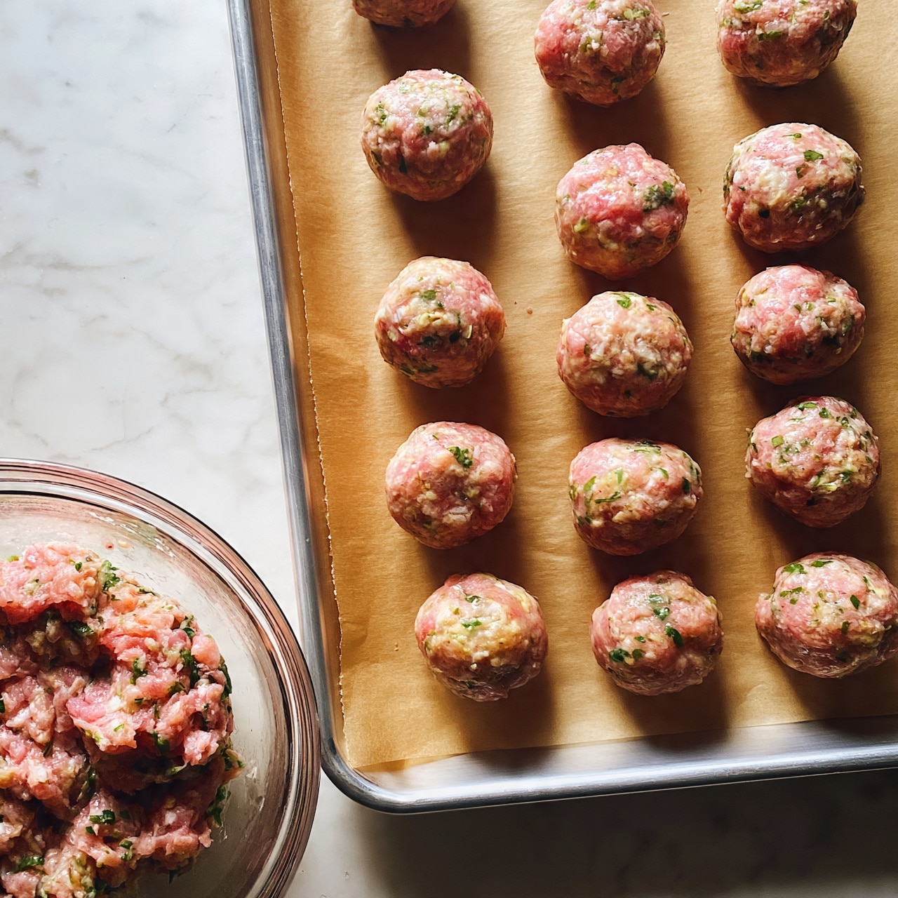 square image A tray lined with brown parchment paper holds 11 round raw meatballs, each pinkish with flecks of green herbs mixed in, arranged in a grid. To the lower left, a clear glass bowl contains loose raw meat mixture with visible bits of green herbs, placed on a white marbled surface. The meatballs are evenly spaced and have a slightly rough texture. Photo taken with an iphone --ar 4:5 --v 7