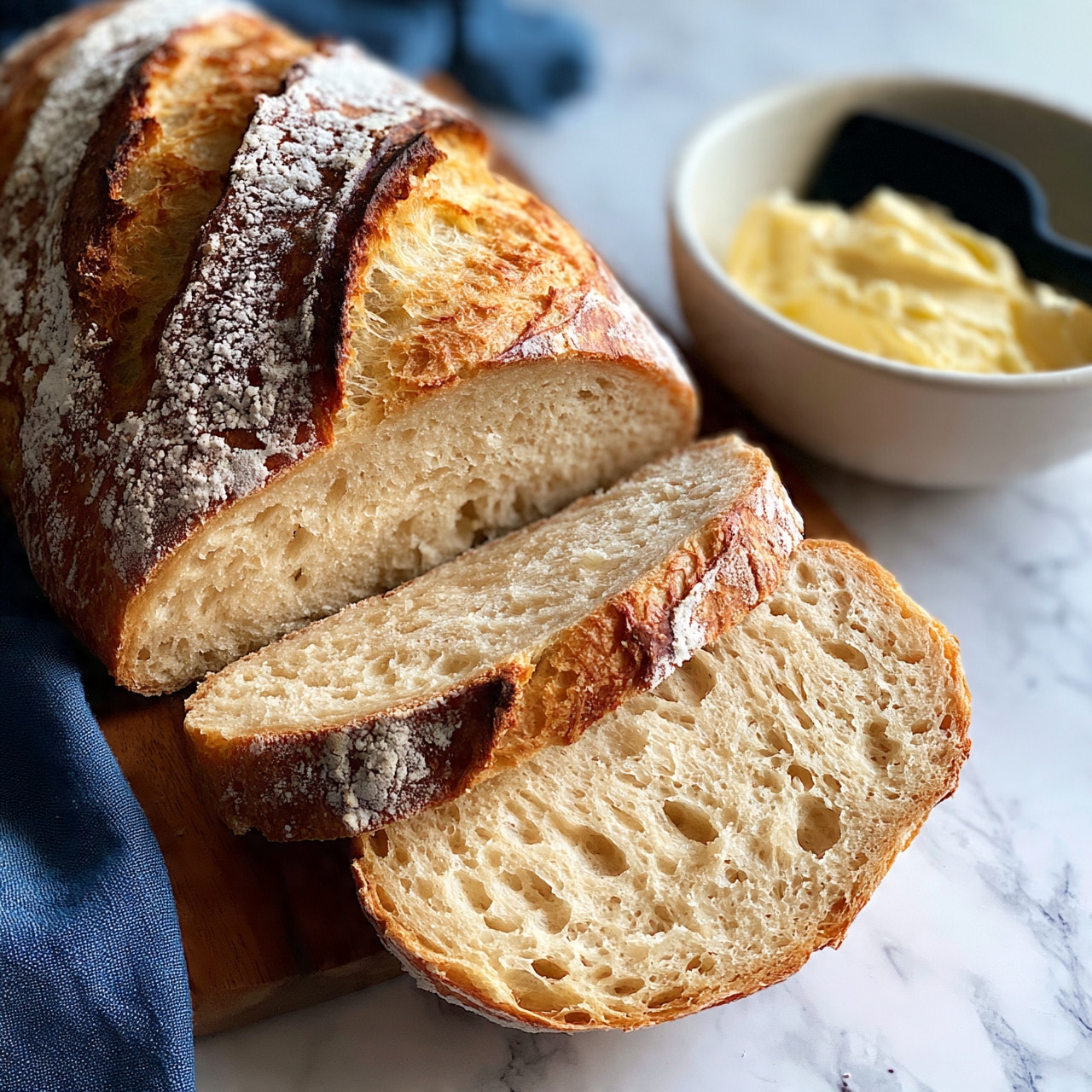 square image A loaf of bread with a golden brown crust dusted with white flour sits on a wooden surface with a blue cloth nearby. The bread is cut into thick slices, showing a soft, light beige inside with a slightly airy texture. To the right, there is a white bowl filled with creamy pale yellow butter and a black spreader inside. The surface beneath everything is a white marbled texture. photo taken with an iphone --ar 4:5 --v 7