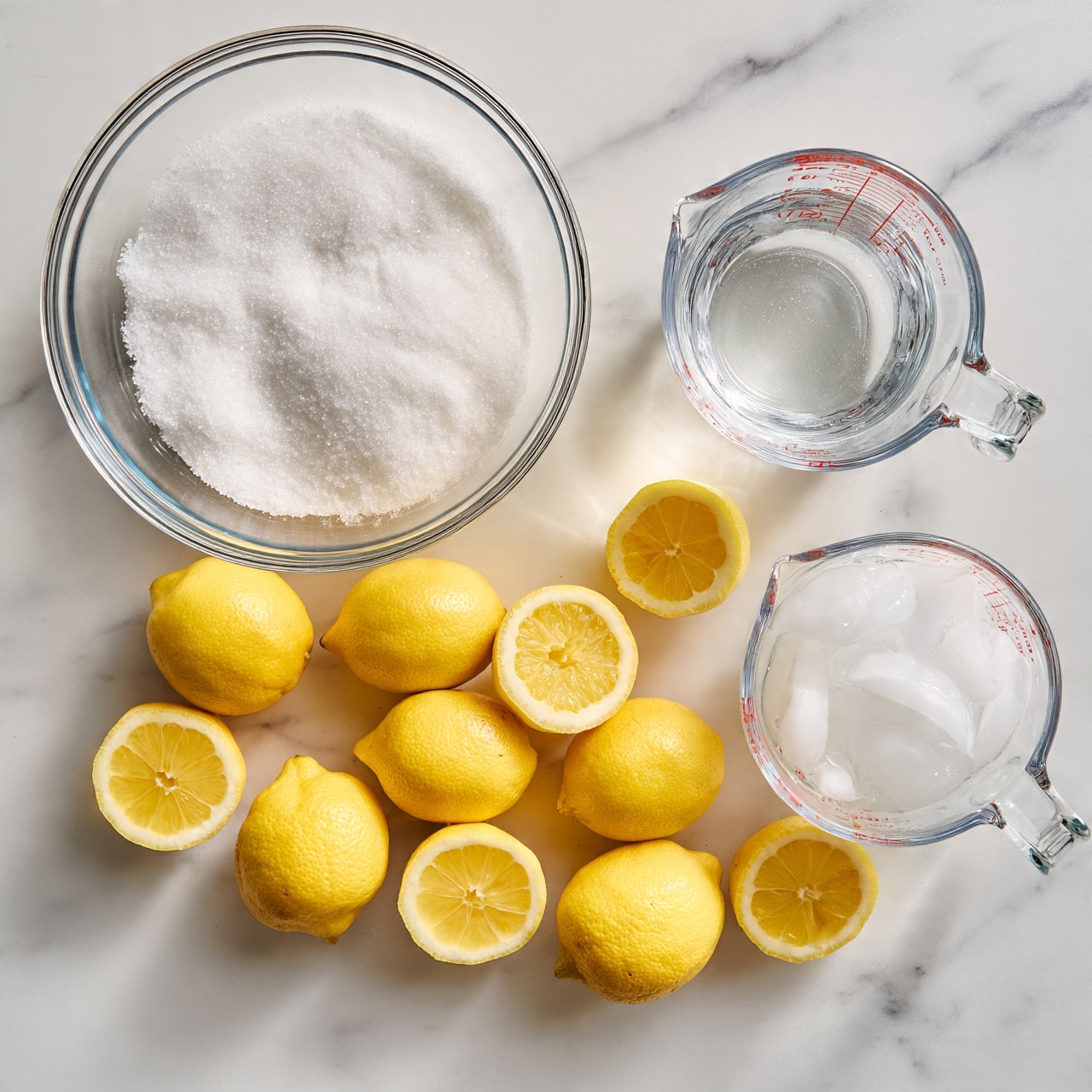 square image The image shows a top view of ingredients on a white marbled surface, including a large clear bowl filled with white granulated sugar on the left, a smaller clear measuring cup filled with water in the middle, and another clear measuring cup filled with ice at the bottom right. Below these containers, there are eleven bright yellow lemons, some whole and some cut in half, displaying their juicy interior. The clear glass containers have red measurement markings visible, and everything is neat and evenly spaced. Photo taken with an iphone --ar 4:5 --v 7